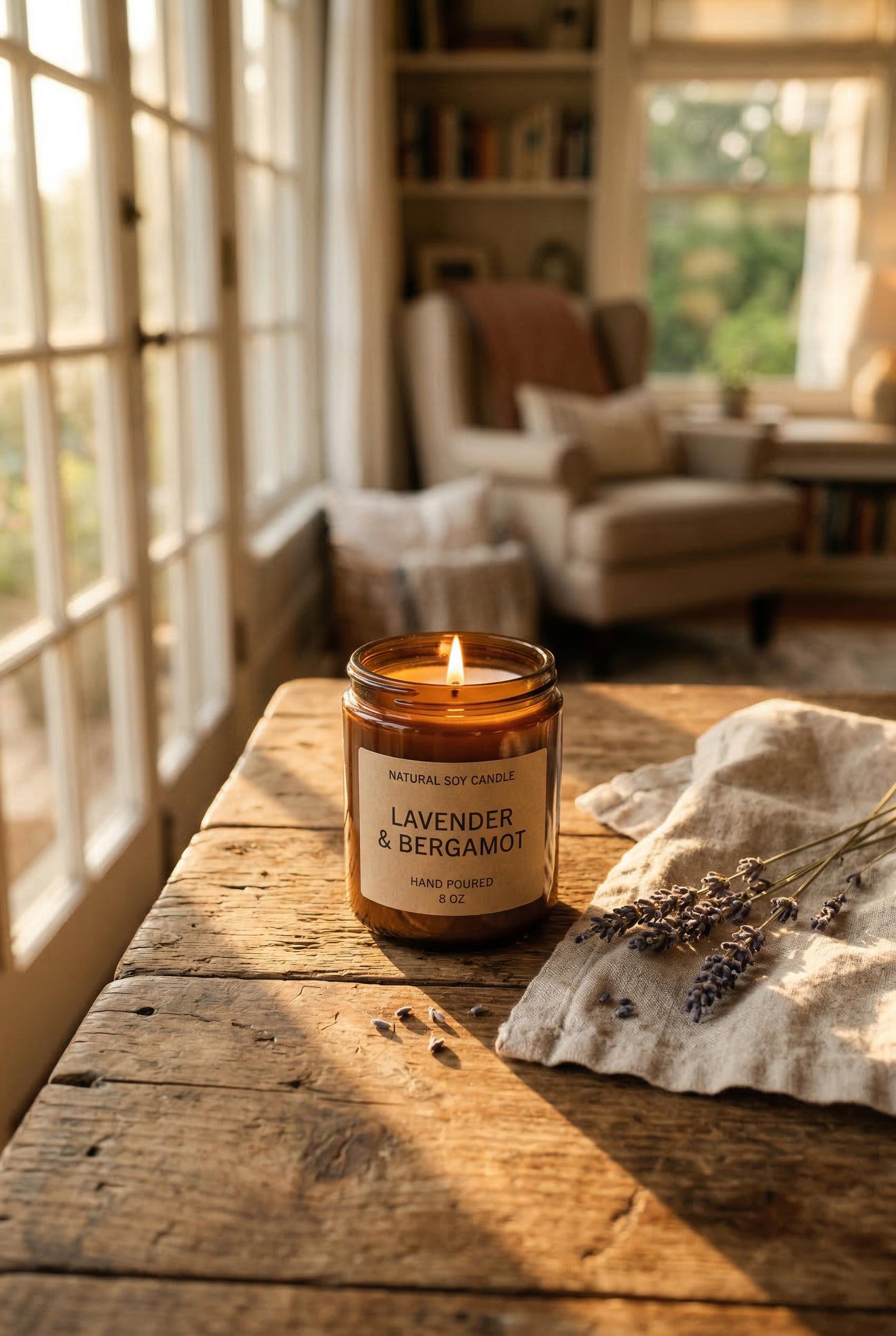 A handmade soy candle in an amber glass jar sitting on a rustic reclaimed wooden table, soft golden hour sunlight streaming through a large window casting warm rays across the scene, dried lavender sprigs and a linen napkin arranged beside the candle, shallow depth of field with creamy bokeh background showing a cozy living room, editorial lifestyle product photography, warm amber and soft purple tones, shot from a 45-degree angle, ultra realistic. Render in Photorealistic style.