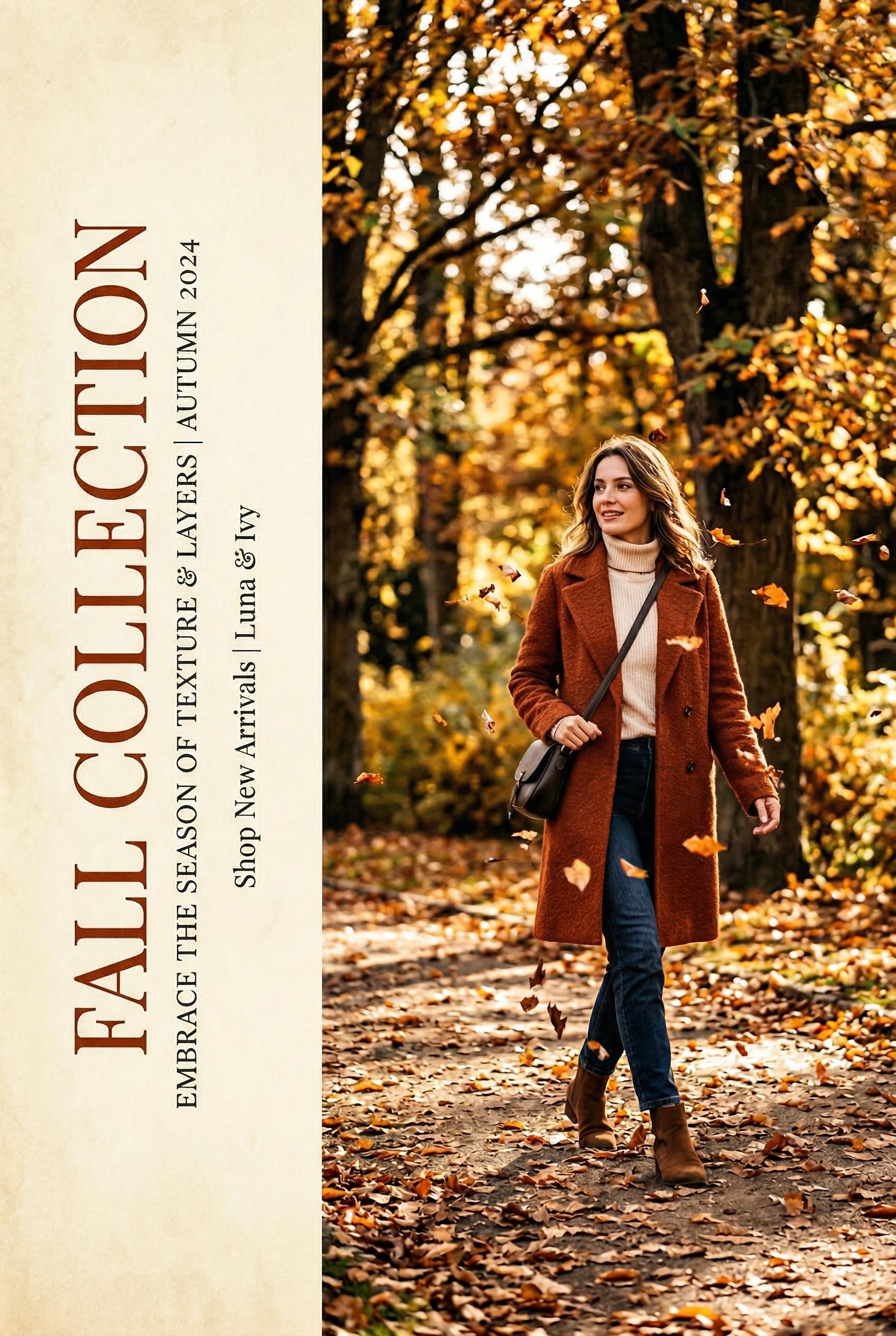 A professional email newsletter header for a fashion brand, featuring a model in autumn clothing walking through falling