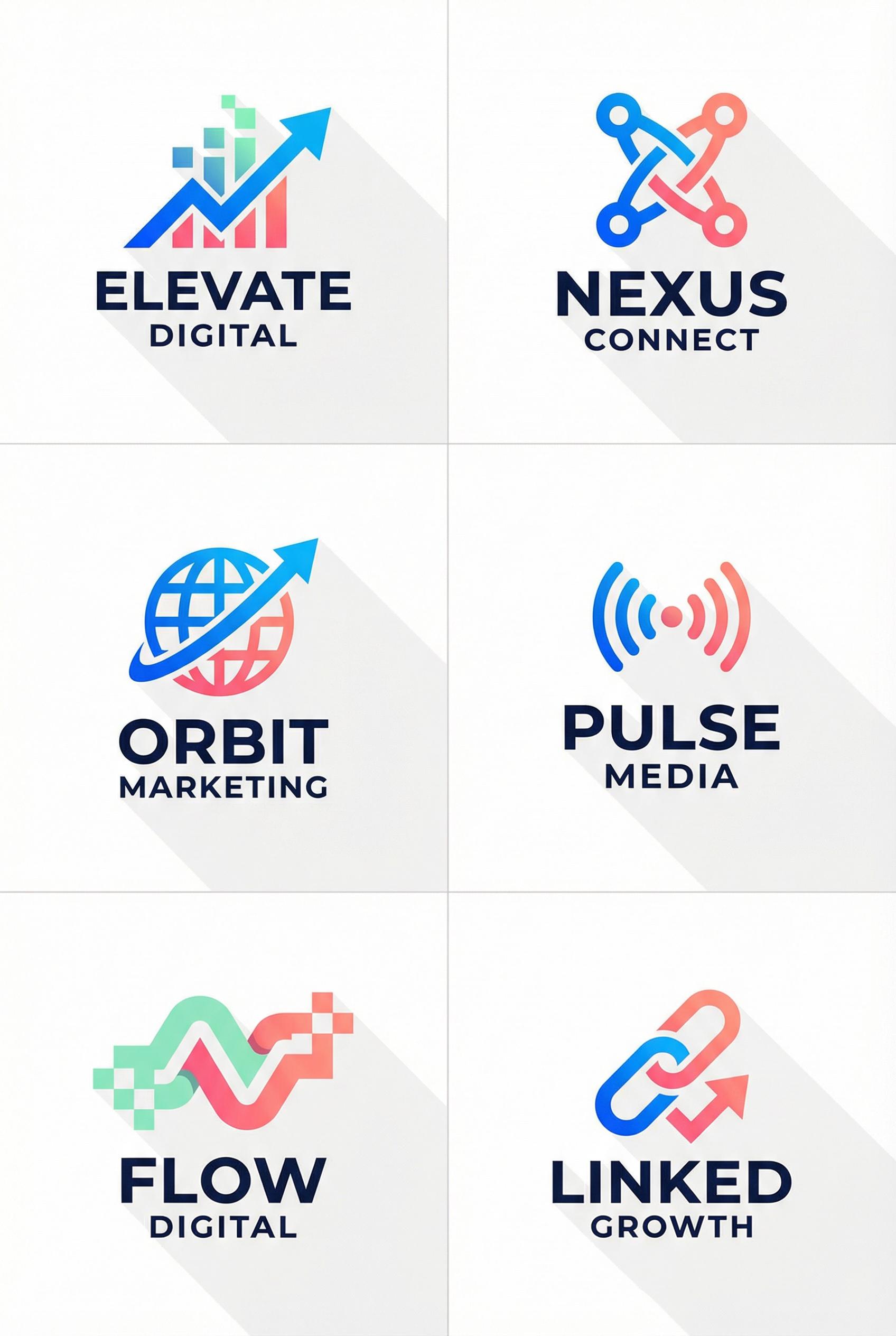 Modern digital marketing logo design collection showcase, clean grid layout displaying 6-9 minimalis