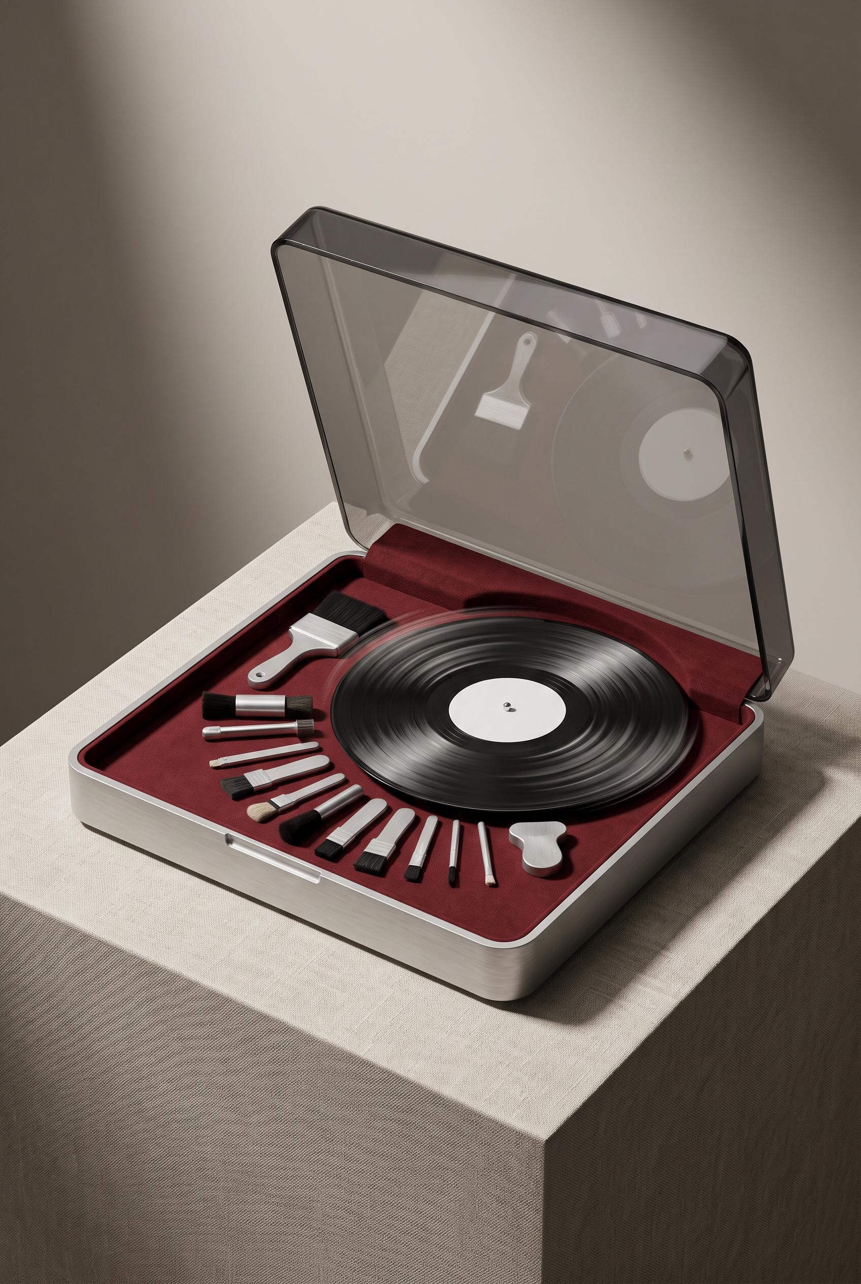 Create a commercial-quality vertical 2:3 Pinterest showcase of a compact record-cleaning case displa