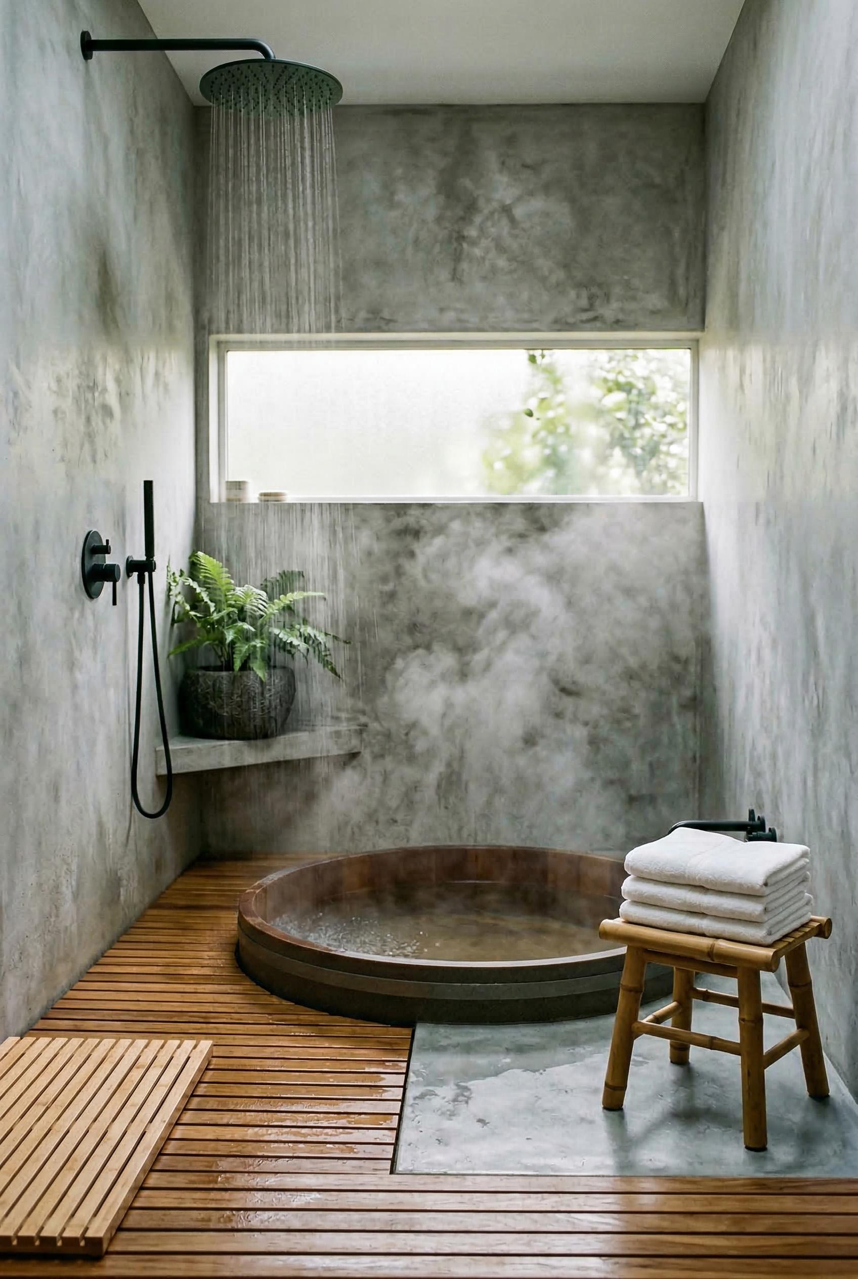 A Japanese-inspired wet room bathroom with horizontal teak wood slat flooring that drains naturally, a large overhead ra