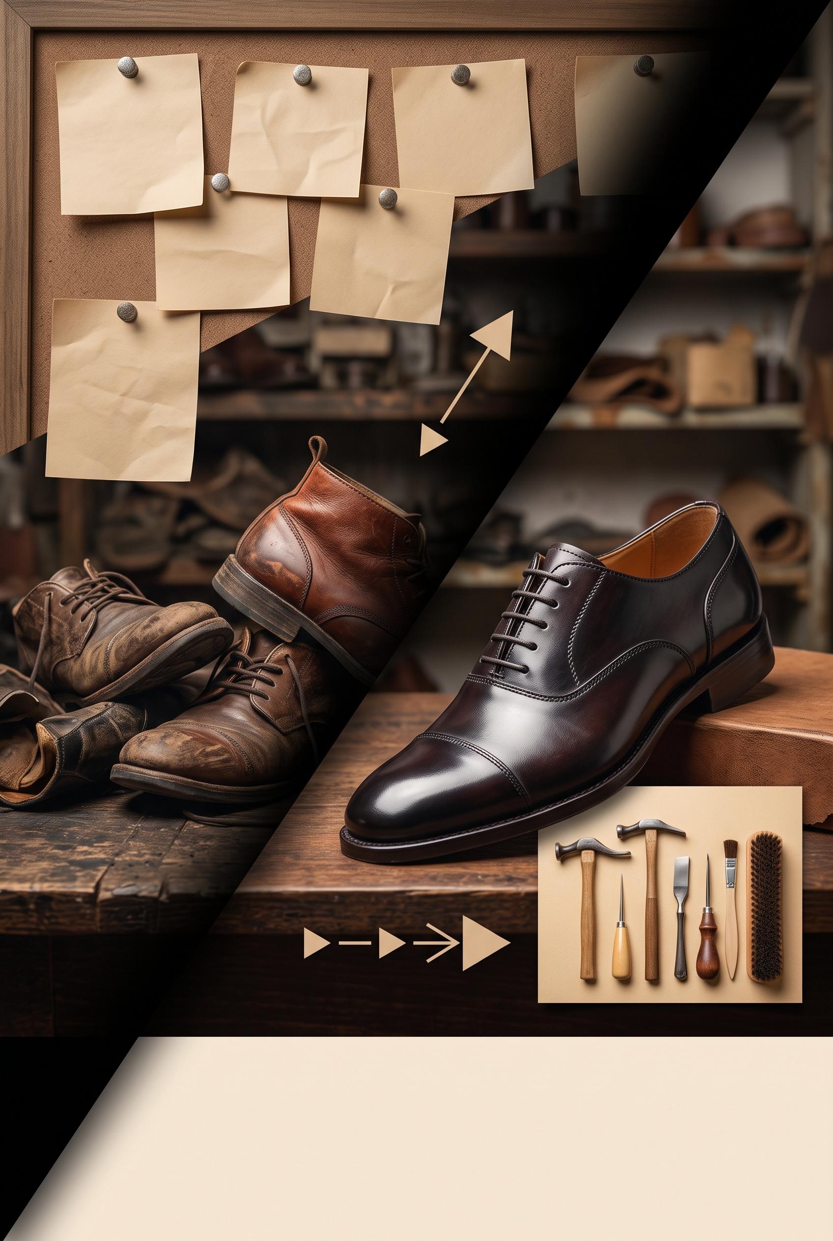 Create a commercial-quality vertical 2:3 Pinterest composition for an independent shoe repair studio