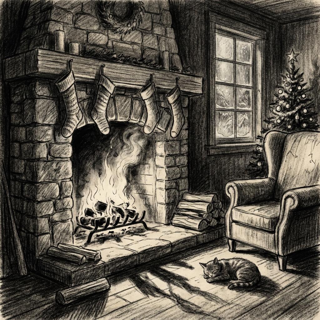 Charcoal drawing of cozy Christmas fireplace, stockings hanging from mantle, crackling fire, strong contrast between lig