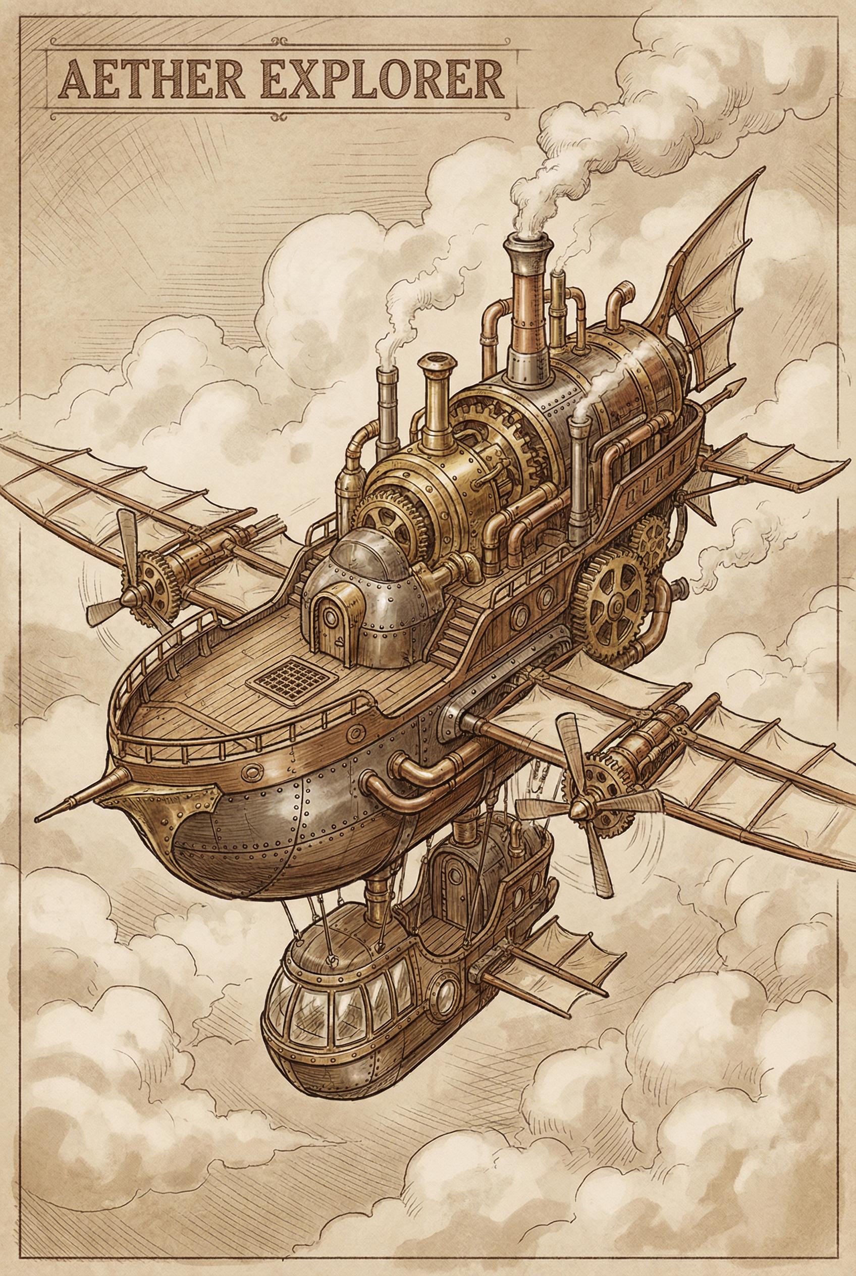 A detailed concept art of a steampunk airship floating in the clouds, brass gears and pipes, steam exhaust, canvas wings