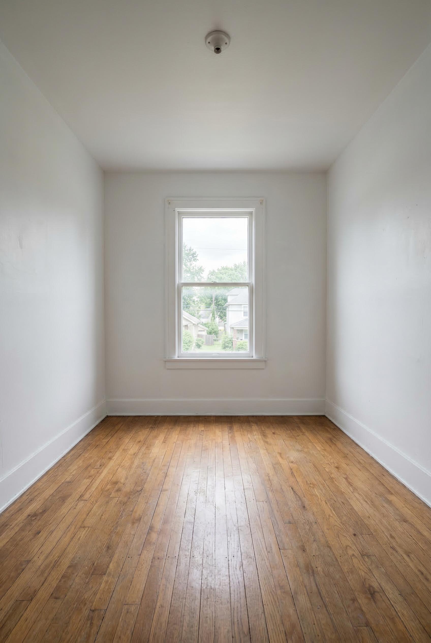 An empty unfurnished room with white walls, wooden floors, a single window, no furniture, no decoration, bare and minima
