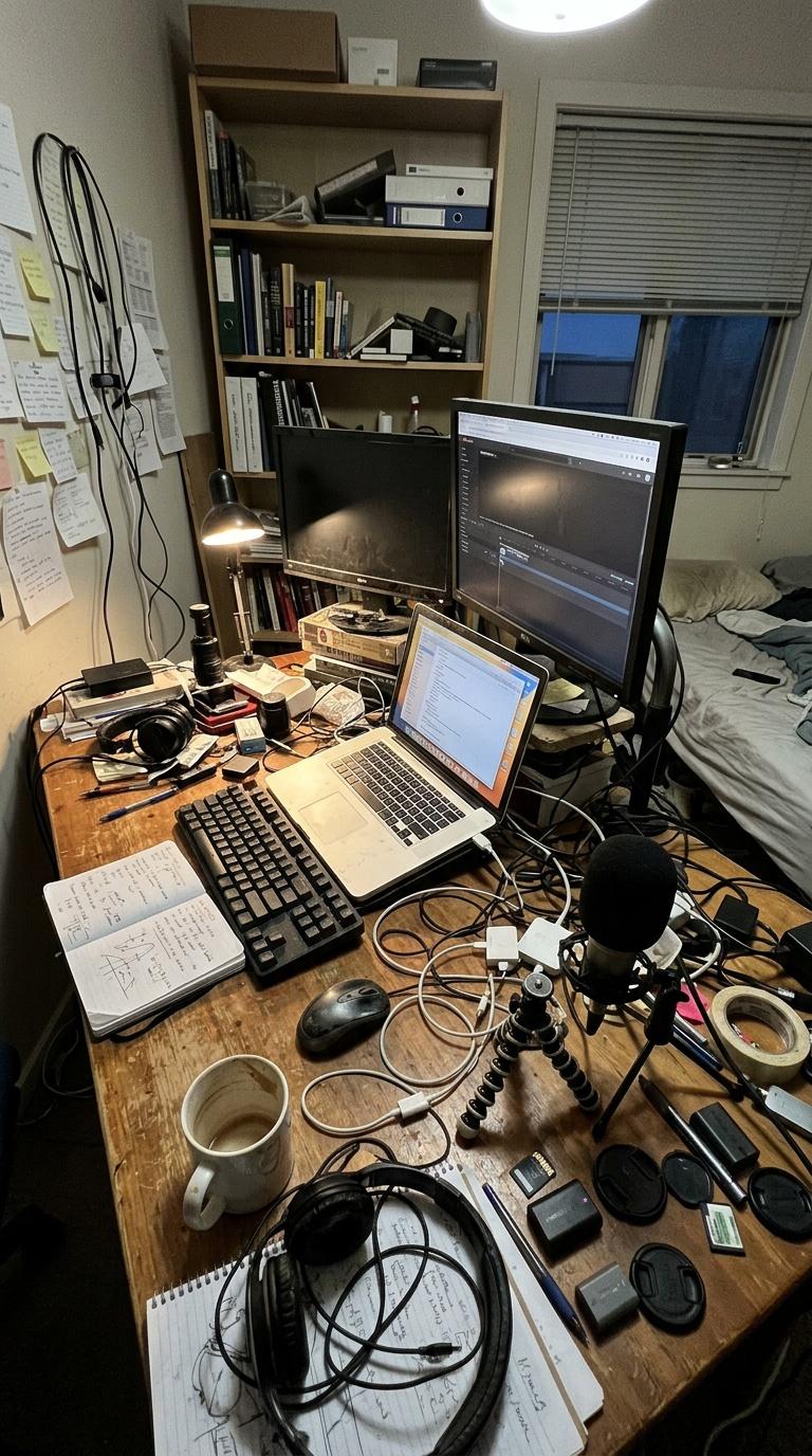 Amateur handheld phone photo of a creator's cluttered desk setup before branding and styling, imperfect pho...