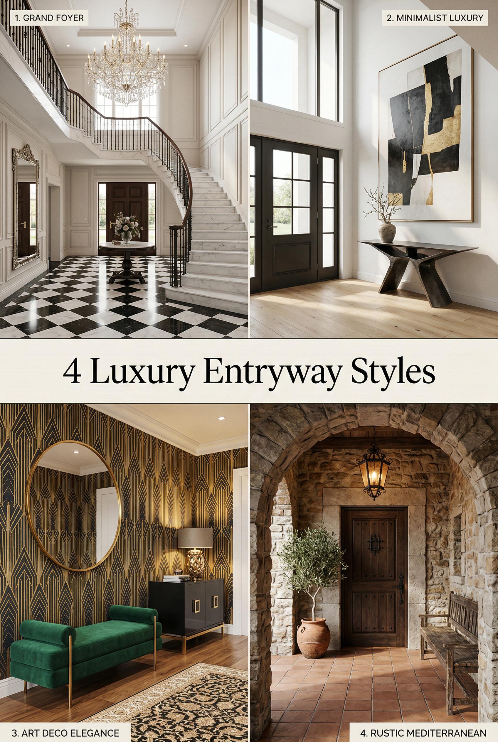 A 2x2 grid layout showing four luxury home entryway designs, each in its own panel with consistent warm lighting. Top-le