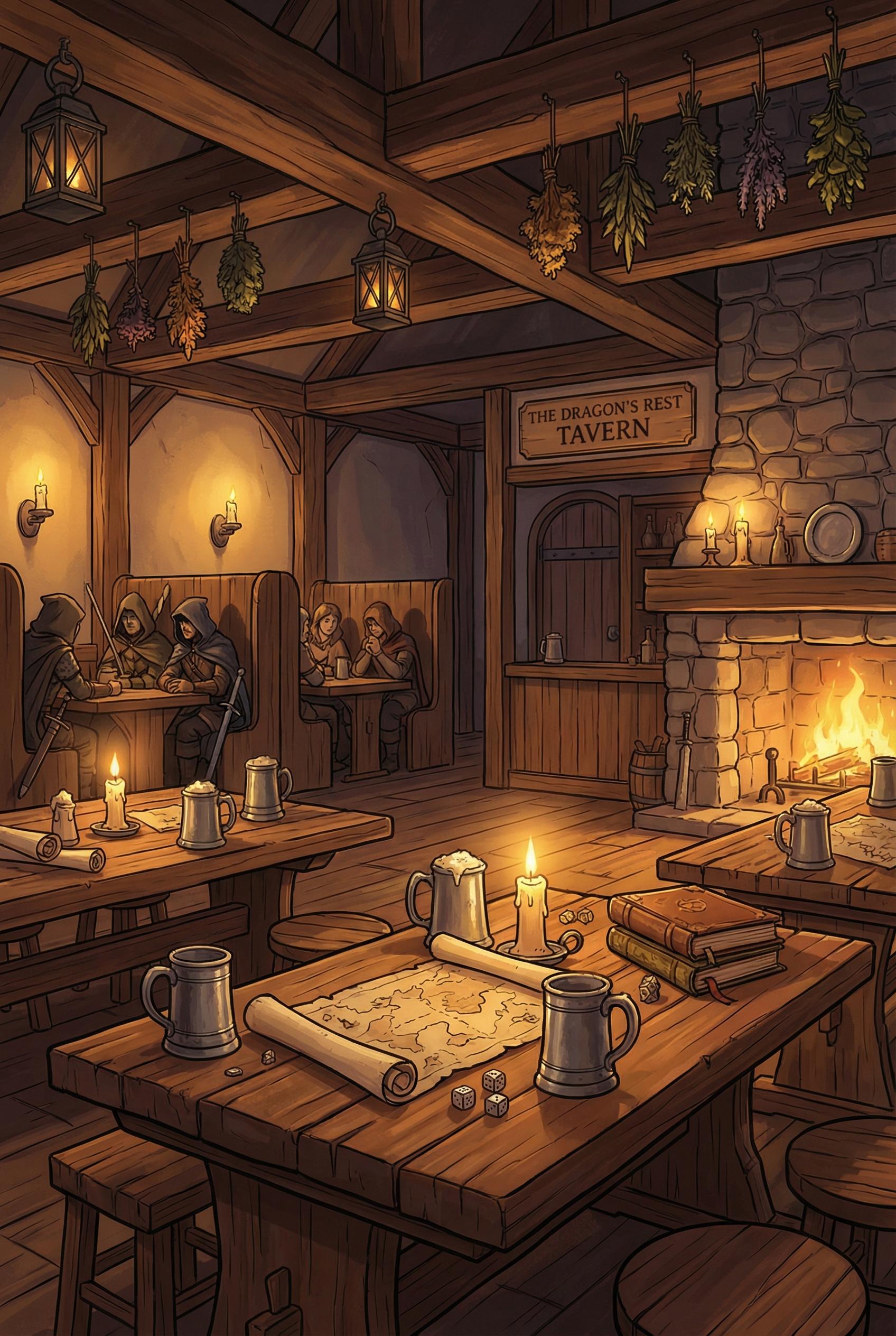 Fantasy RPG Style AI image: A cozy interior view of a medieval fantasy tavern, warm candlelight and fireplace glow, wooden table