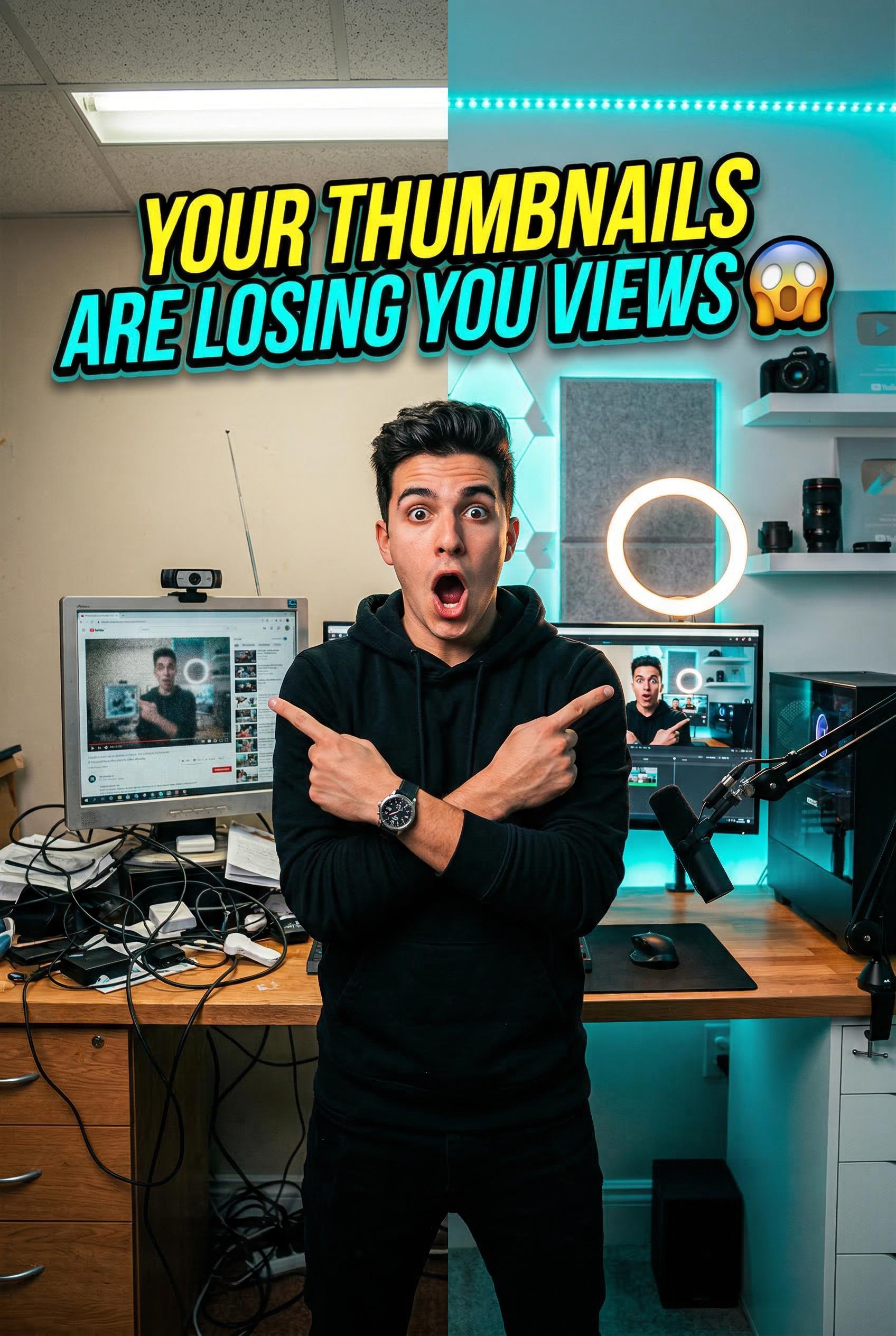 A split-composition YouTube thumbnail with the left side showing a cluttered messy desk with harsh u