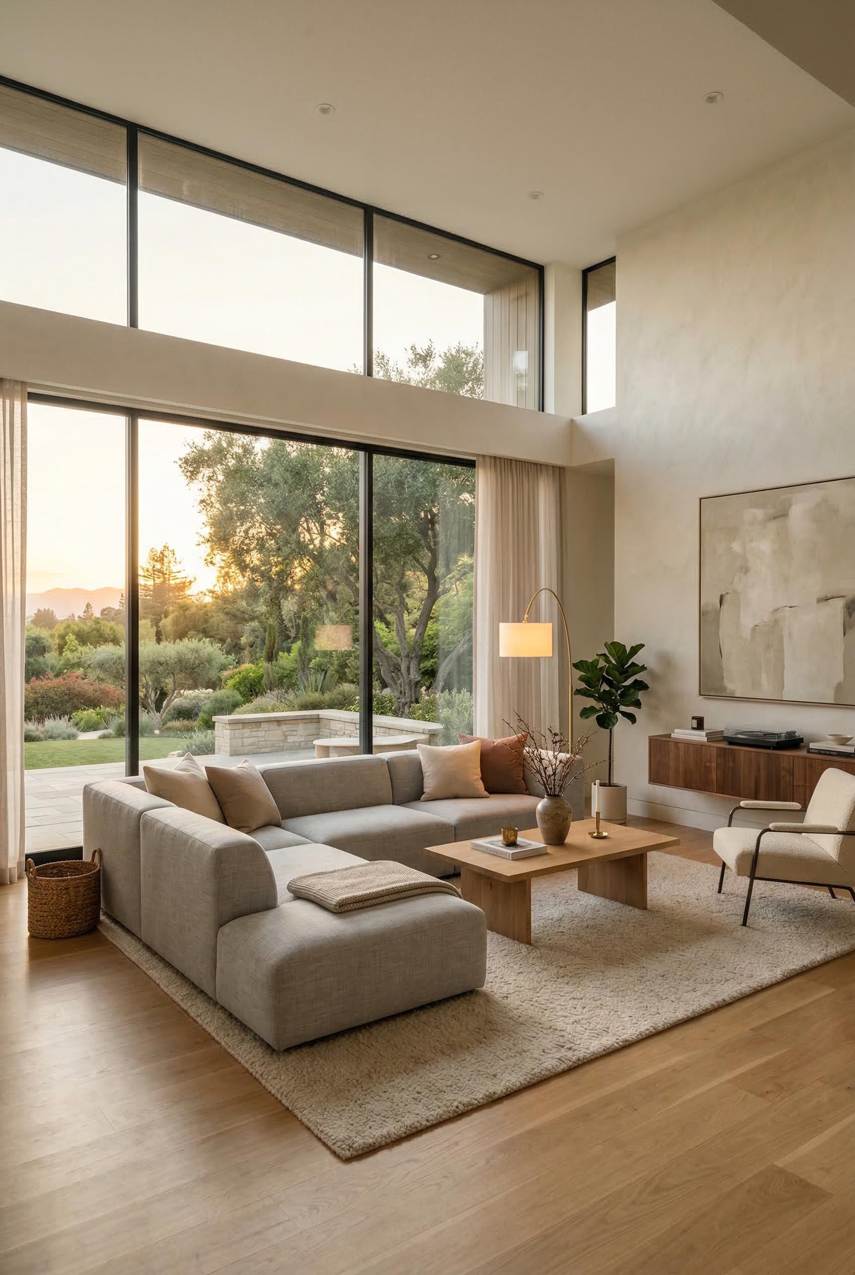A modern minimalist living room with floor-to-ceiling windows, warm lighting, neutral tones. Render in Photorealistic style.