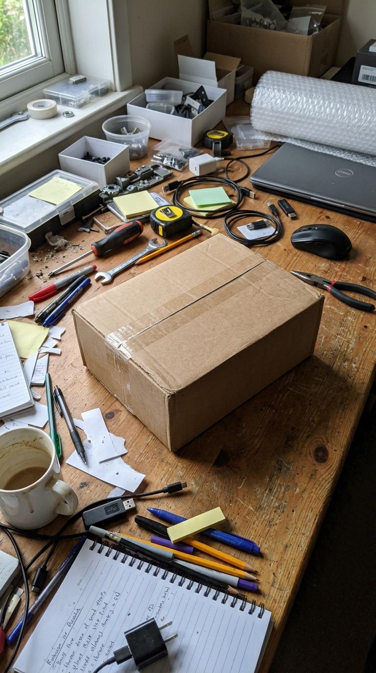 Amateur handheld phone photo of plain product packaging on a cluttered work table, imperfect angle a