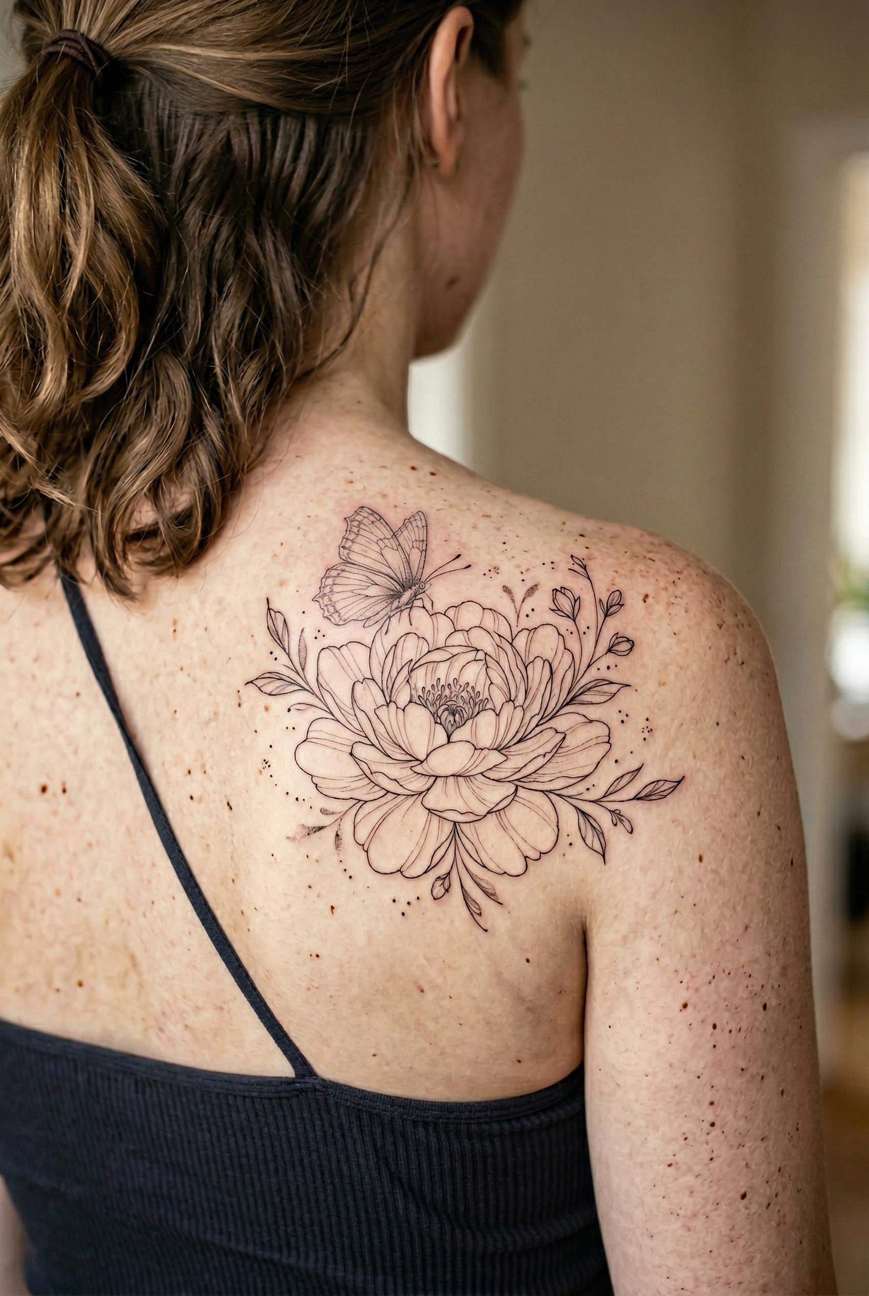 A fine-line peony and butterfly composition tattoo on a woman's shoulder blade, ultra-delicate singl