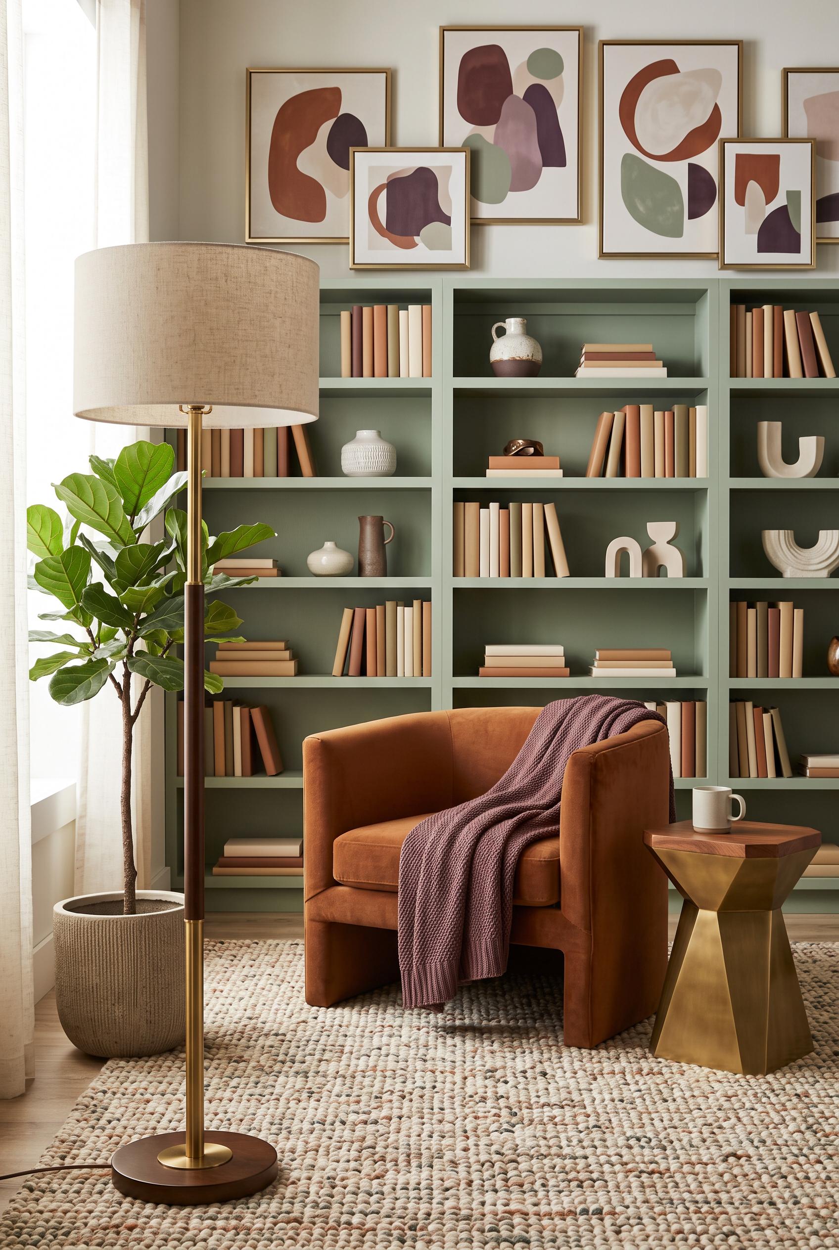 Create a commercial-quality interior design showcase in a vertical 2:3 Pinterest composition. Presen