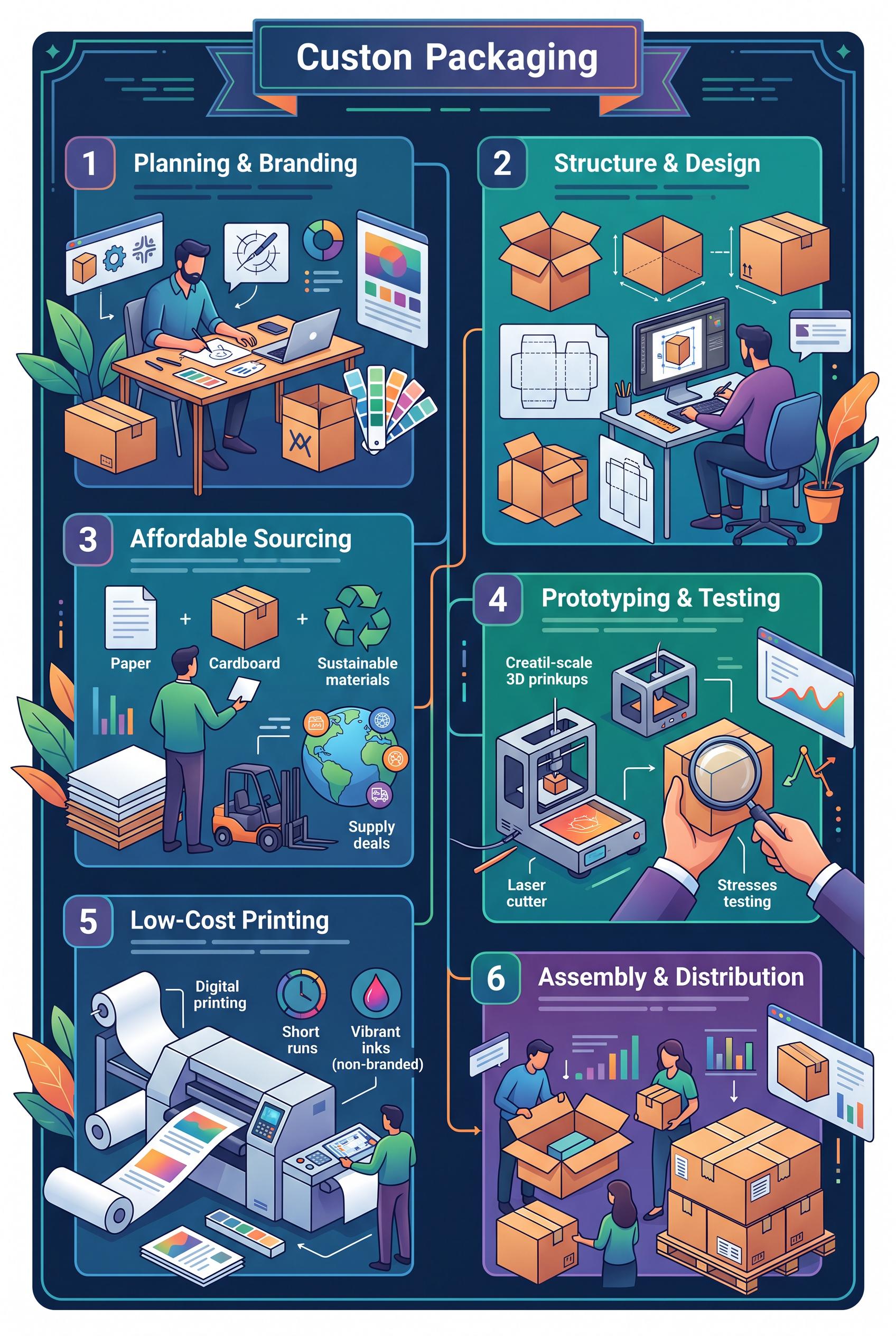 Infographic showing steps to create affordable custom packaging for small businesses in vertical 2:3 Pinter...