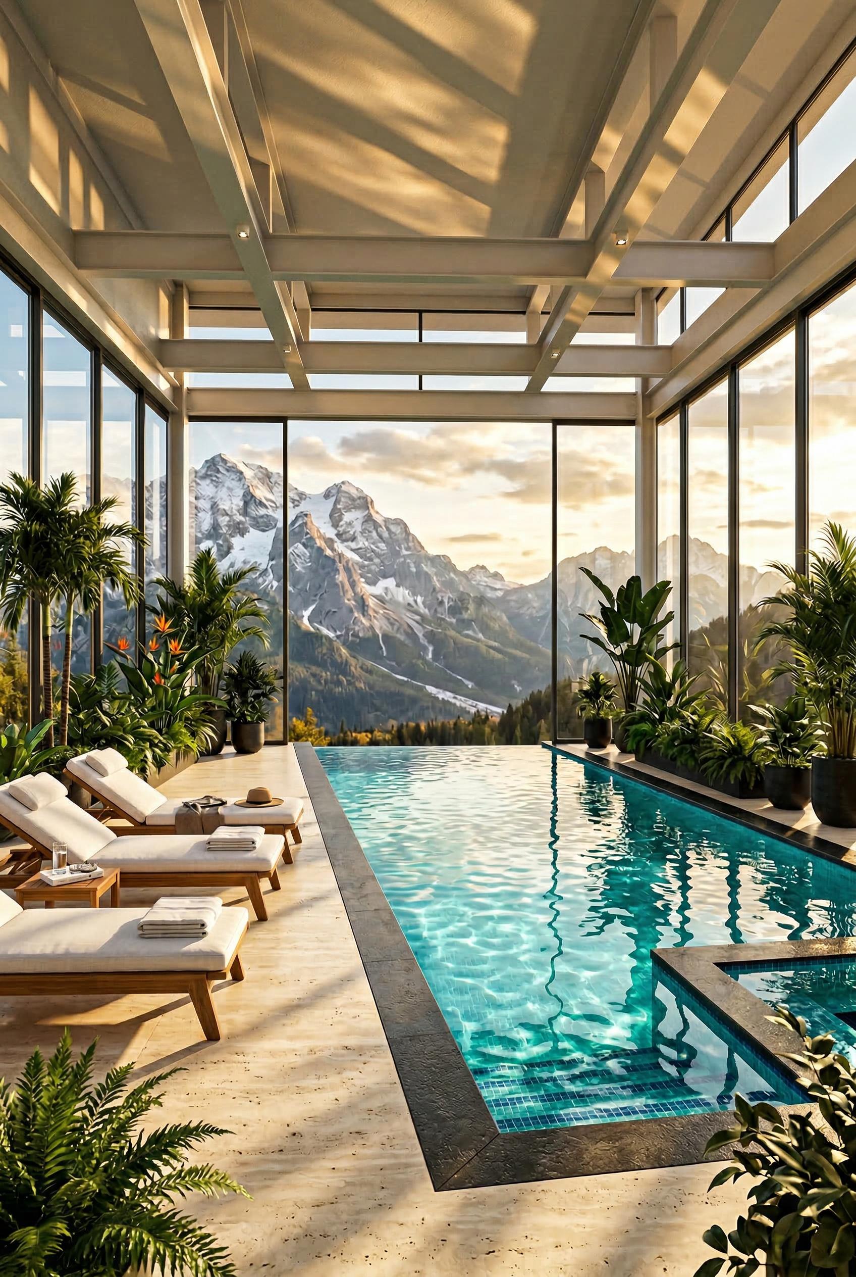 A luxury indoor pool room with an infinity-edge pool filled with crystal clear turquoise water, surrounded by creamy tra