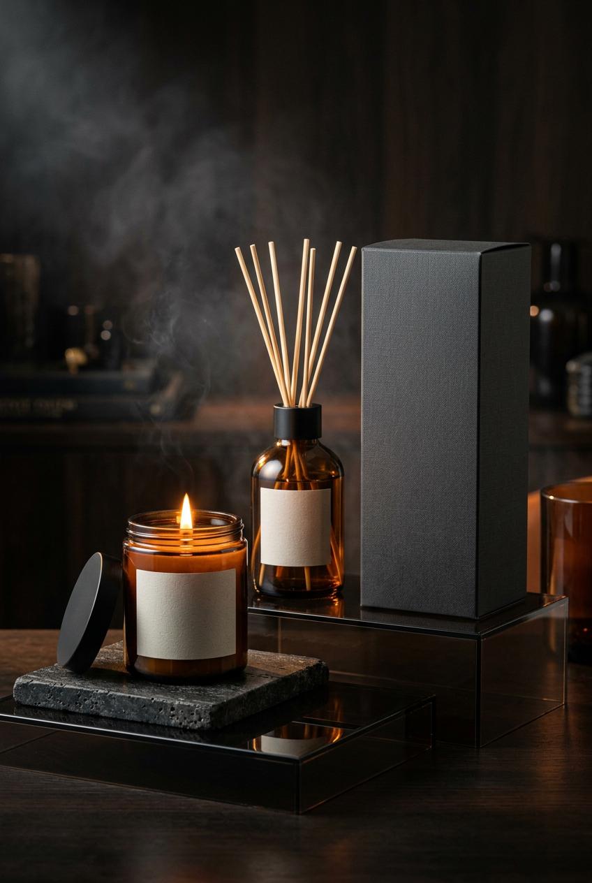 Create a premium vertical Pinterest pin for a luxury home fragrance product mockup, featuring an amber glass candle jar