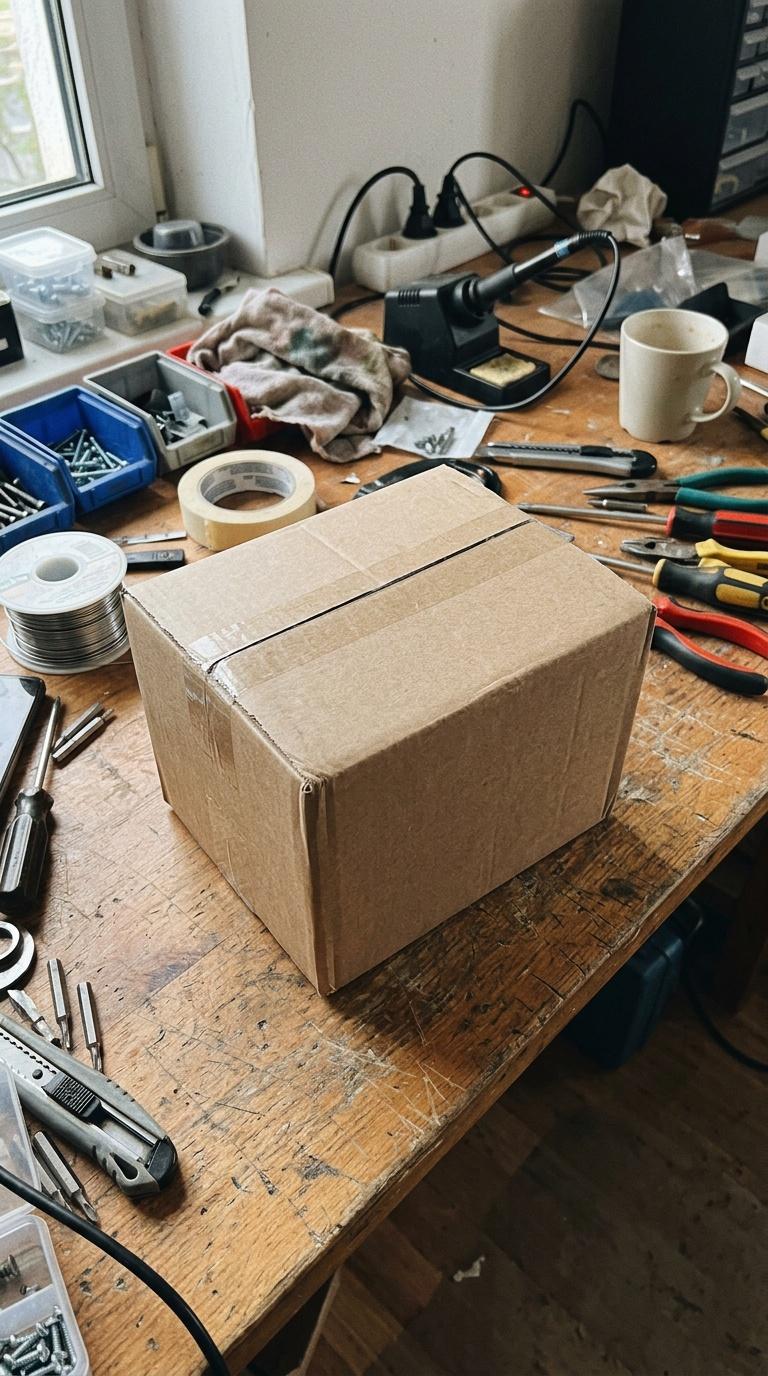 Amateur handheld phone photo of plain product packaging on a cluttered work table, imperfect angle a