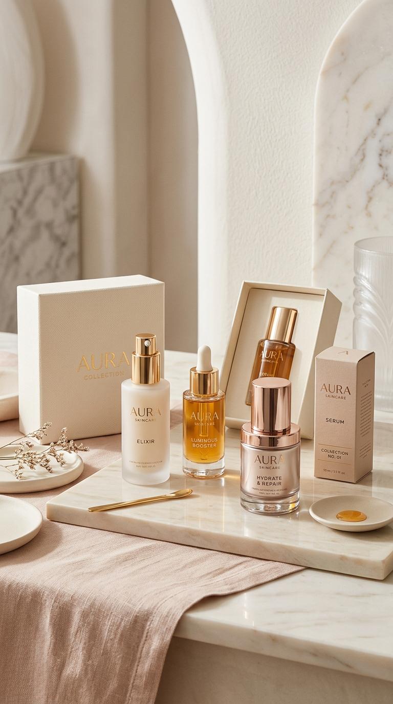 Create a luxury vertical Pinterest pin for cosmetic campaign visuals, featuring premium beauty packaging, serum bottles,