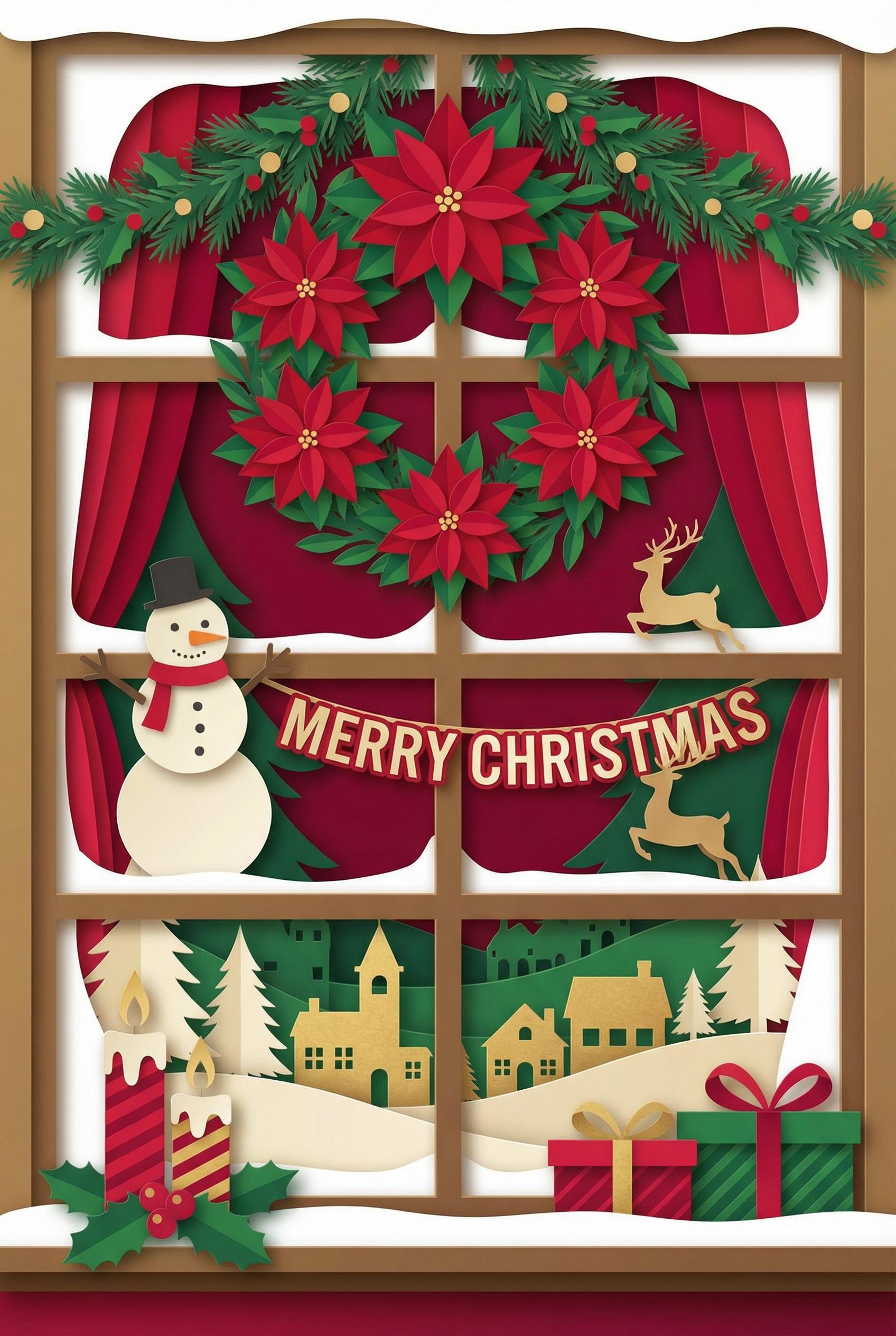 Flat vector Christmas window decoration scene, layered paper-cut style, vibrant reds and greens