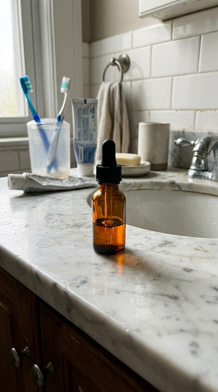Amateur handheld phone photo of a small beauty product on a slightly messy bathroom counter, imperfe