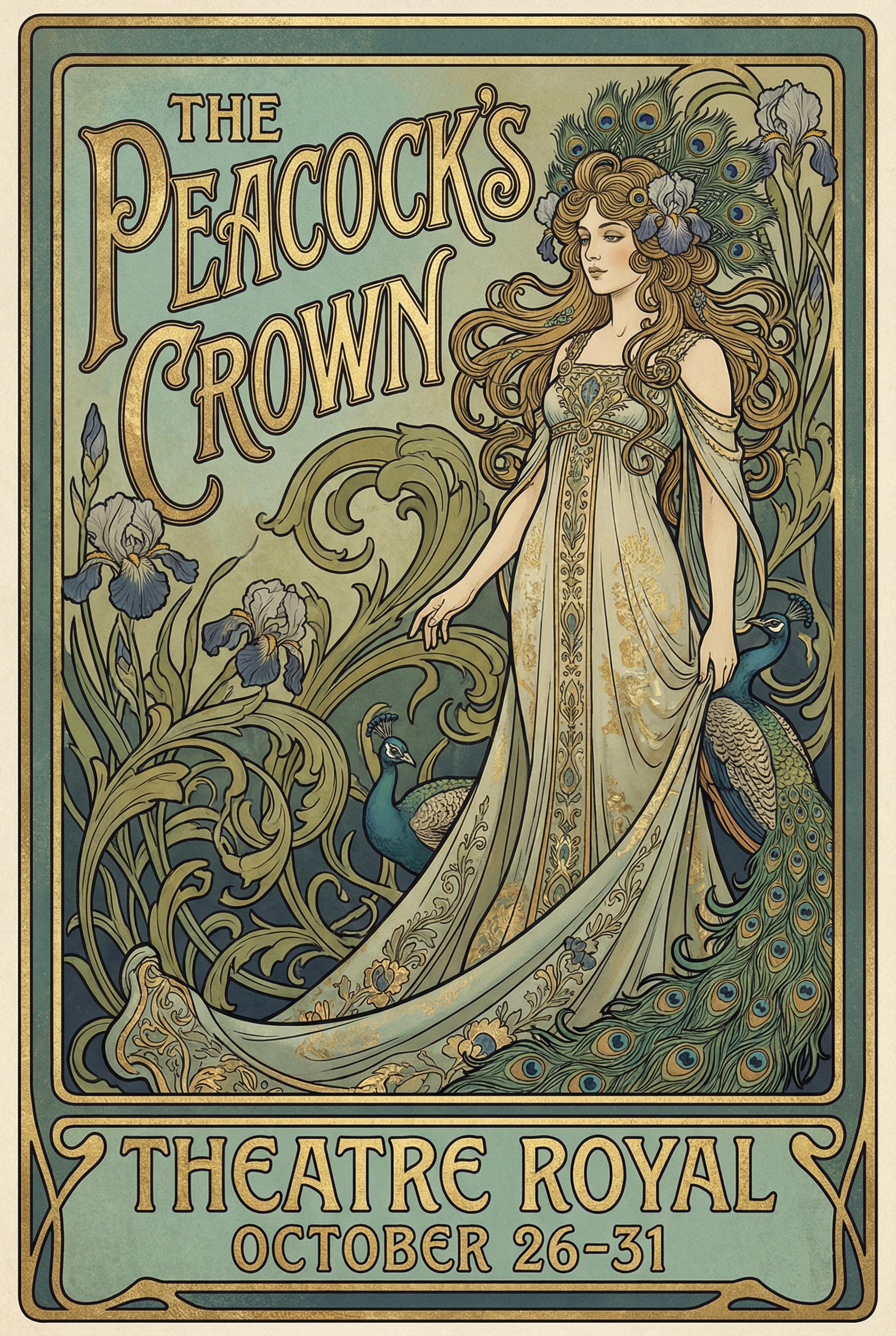Art Nouveau poster design for theatrical performance, elegant typography with decorative letterforms