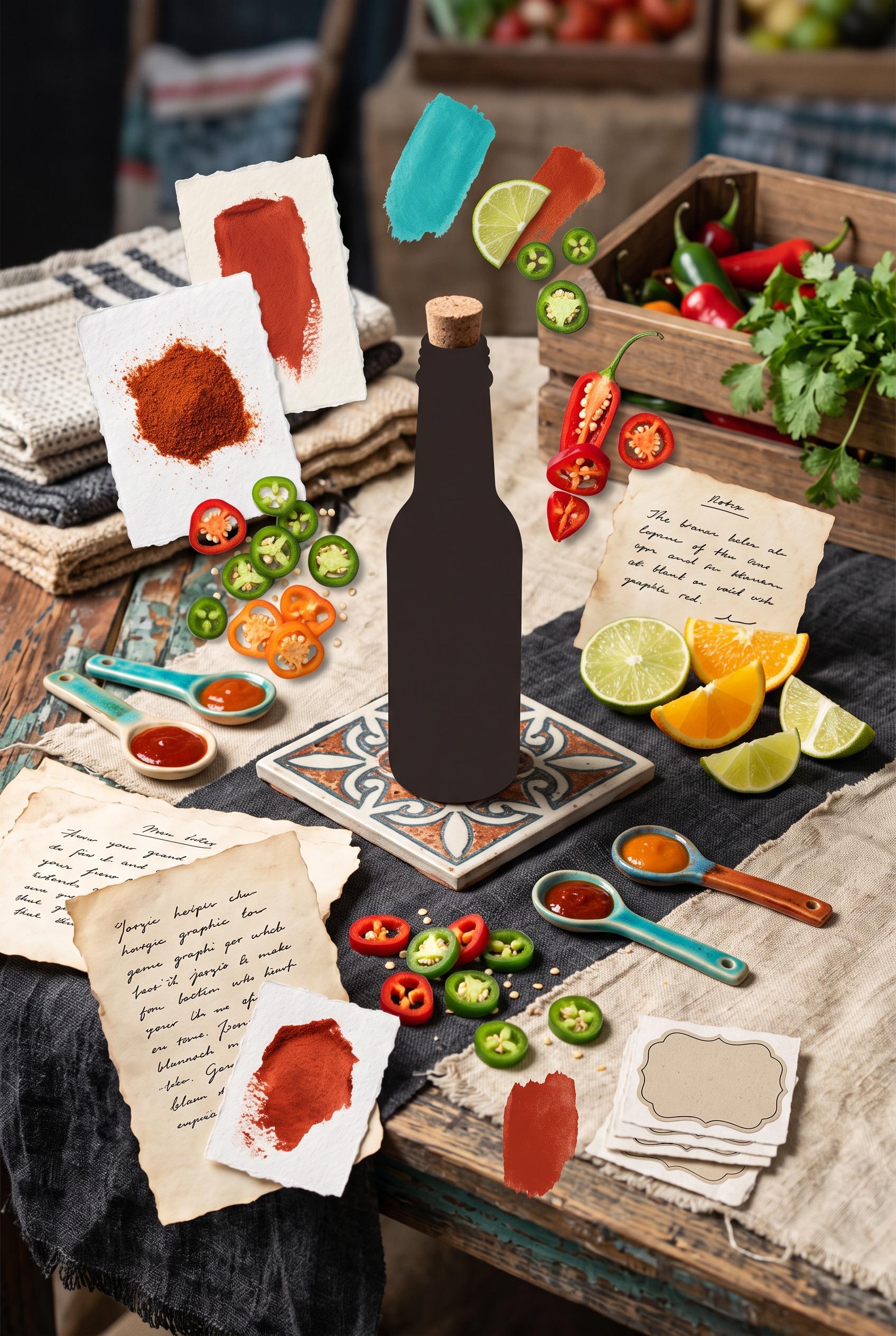 Commercial-quality Pinterest moodboard for a small-batch hot sauce maker, vertical 2:3 composition, richly ...