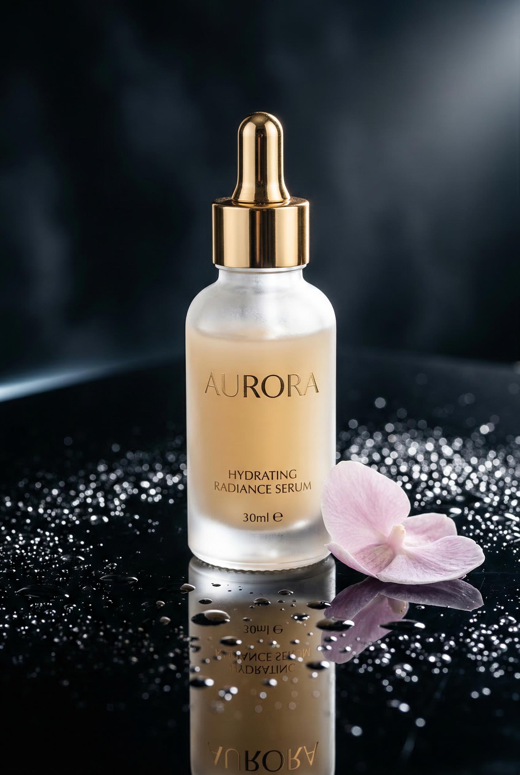 A luxury skincare serum bottle with a tall frosted glass body and gleaming gold dropper cap, standing on a perfectly ref