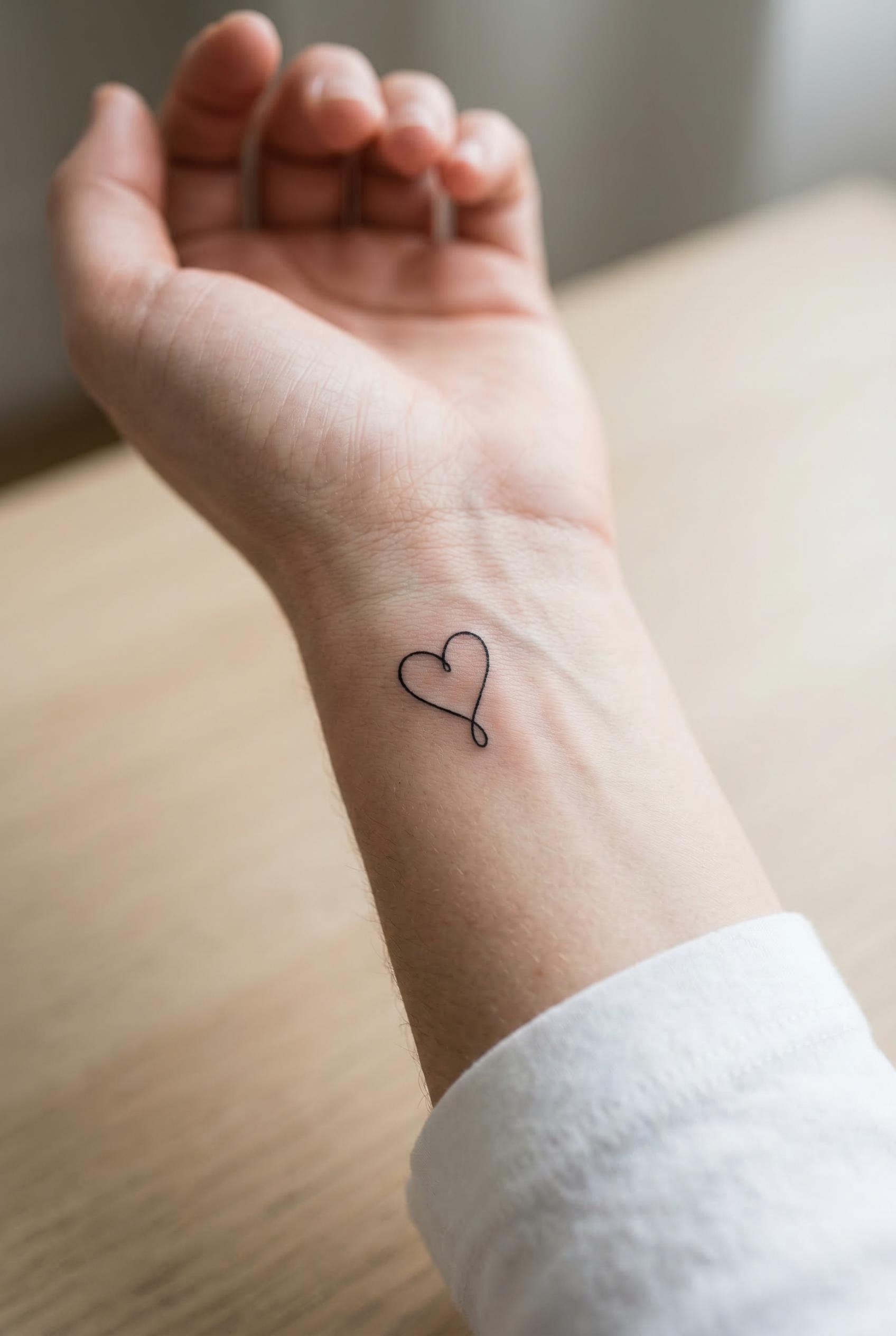 A minimalist fine-line heart tattoo design with continuous single stroke, black on white, small tattoo, simple. Render i