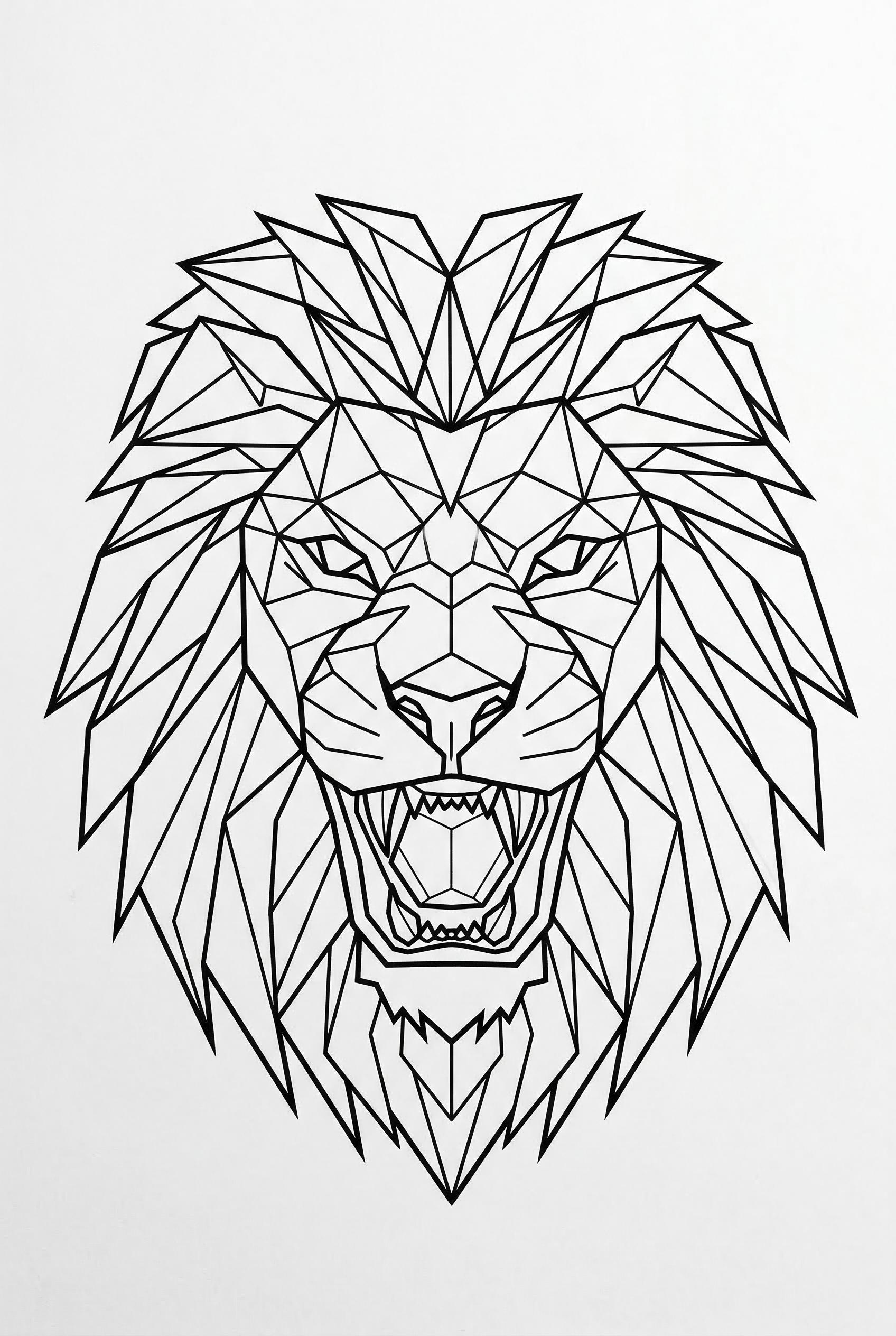 A geometric lion head tattoo design made of triangles and polygons, low-poly style, clean sharp lines, black on white ba