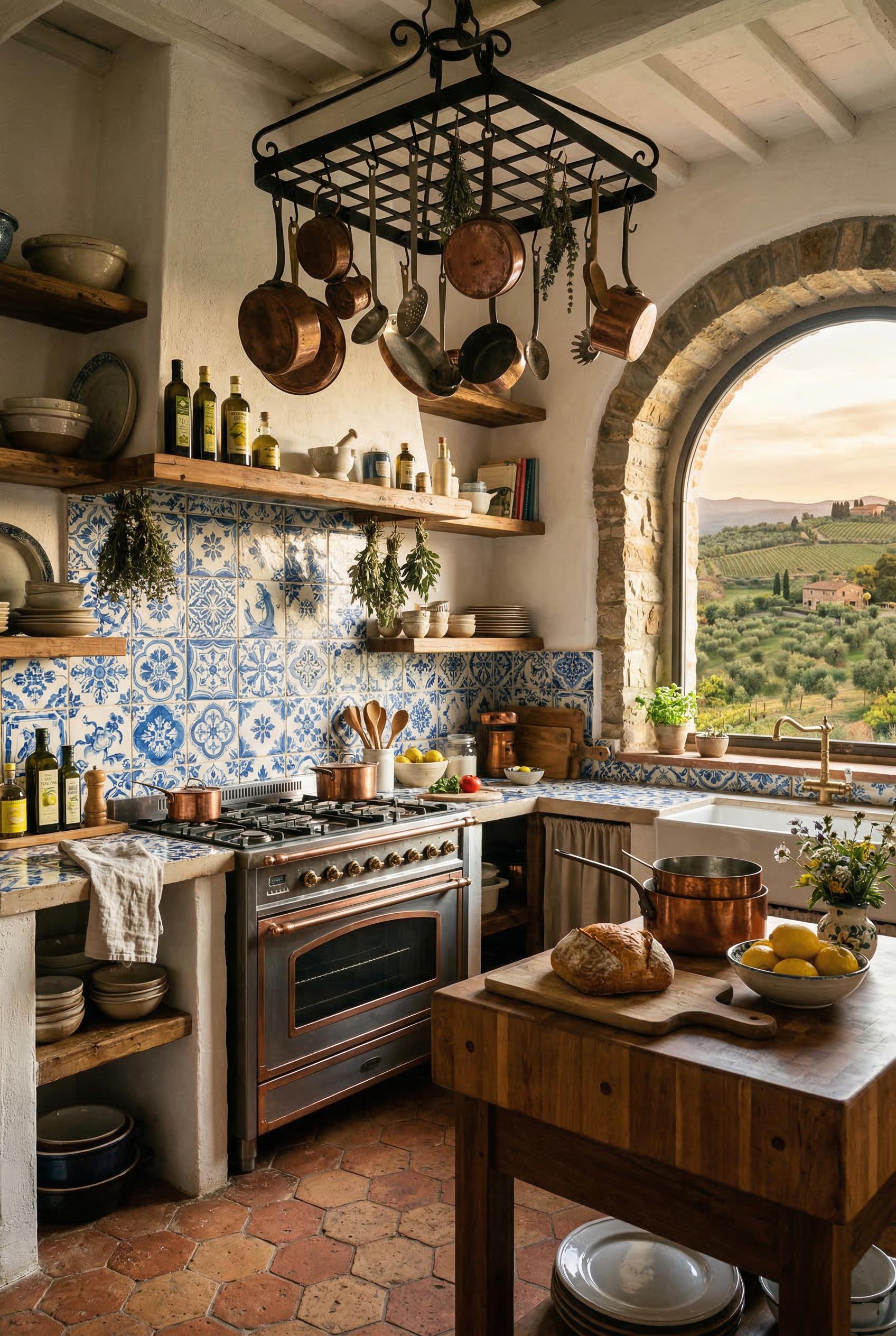 A bright Mediterranean kitchen with hand-painted blue and white patterned ceramic tiles covering the