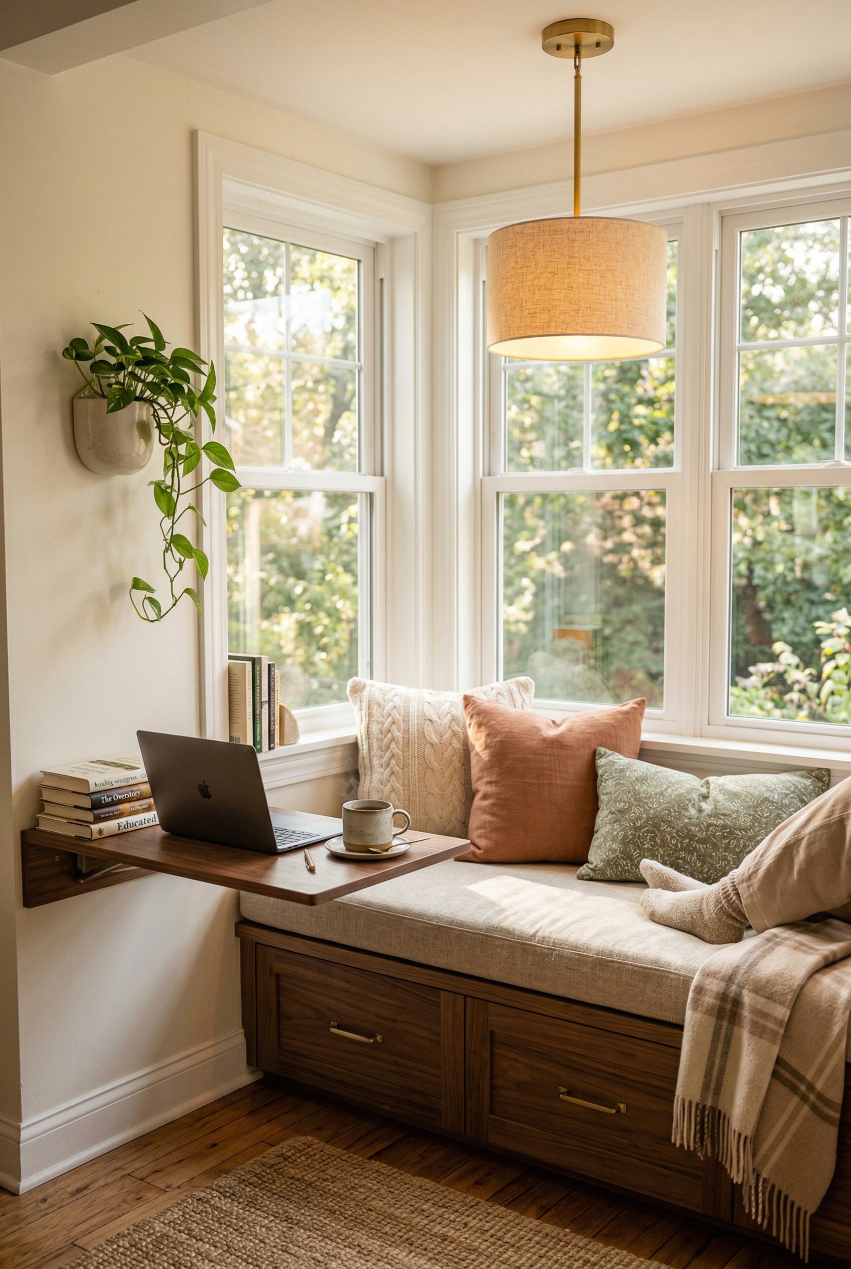 A cozy reading corner and work nook built into a bay window, featuring a built-in window bench with storage drawers unde