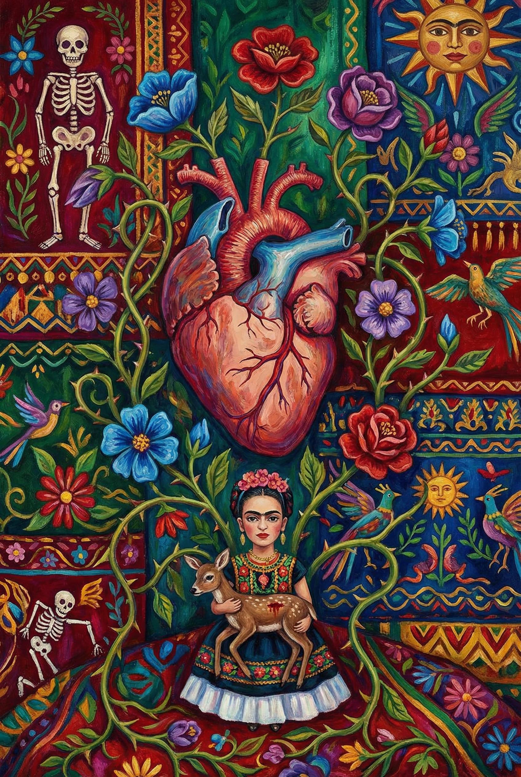 Surrealist composition featuring exposed heart intertwined with flowering vines, Frida Kahlo's symbolic imagery, rich je