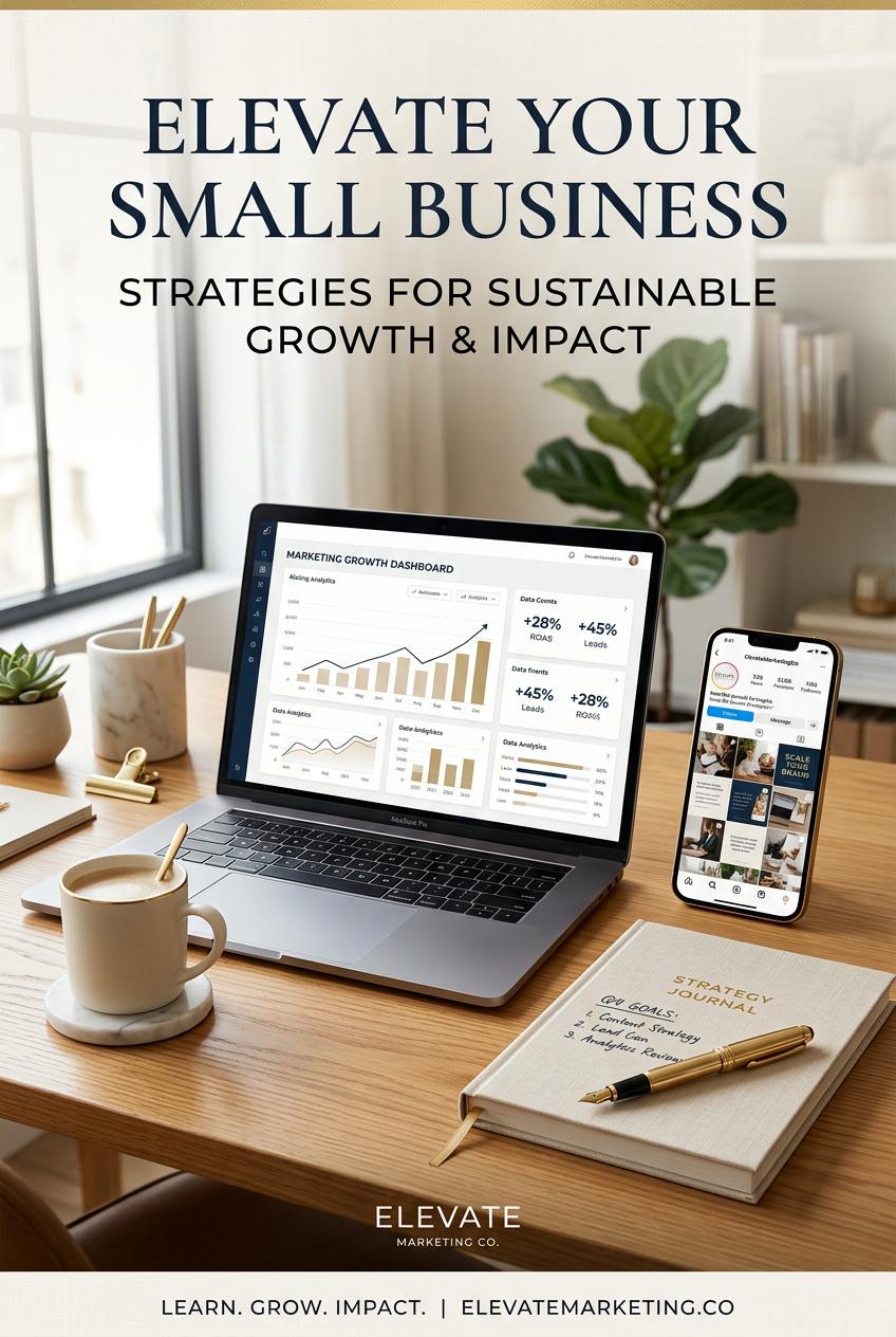 Premium editorial Pinterest hero graphic for a small-business marketing brand: a sophisticated desk scene with a modern