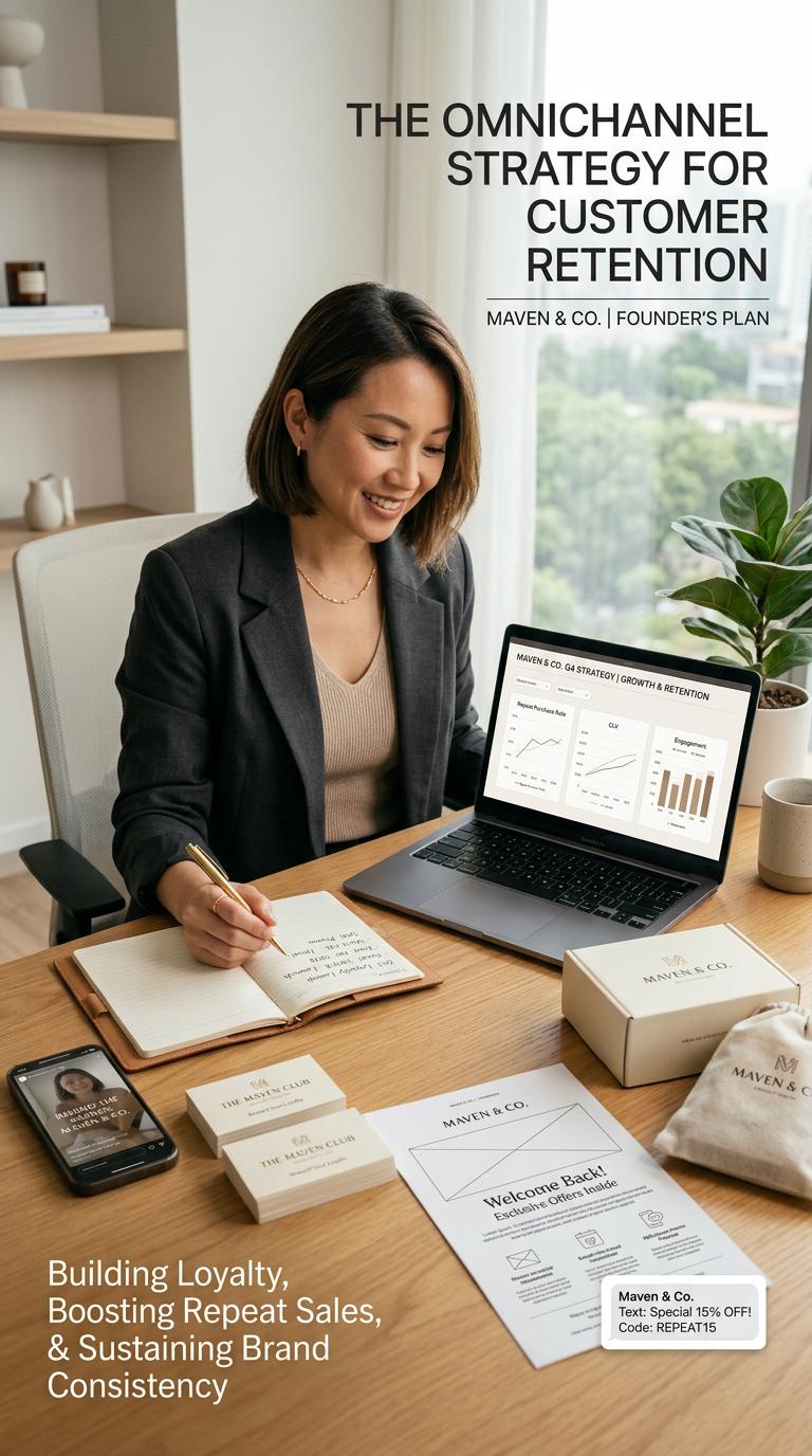 A premium editorial Pinterest-style vertical marketing visual for a modern small business, featuring a woman founder rev