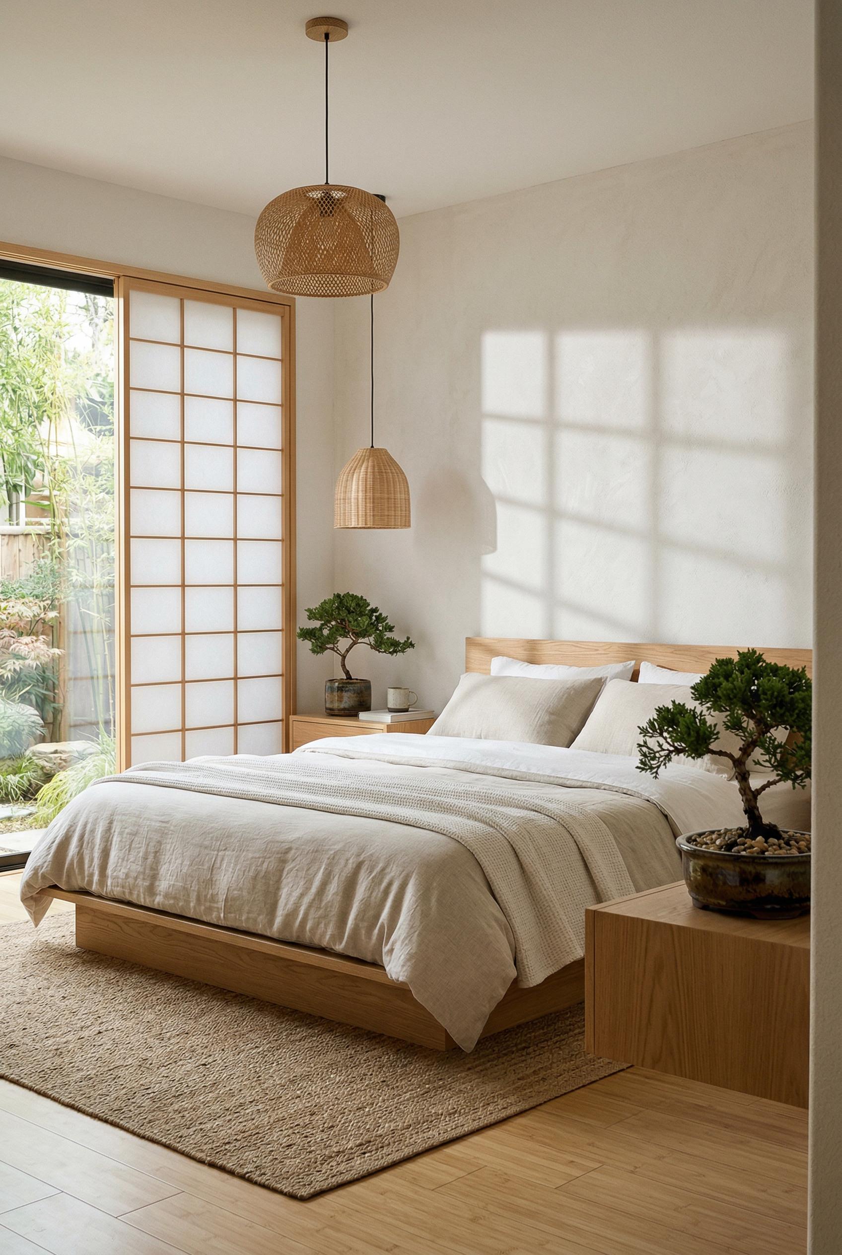 A serene Japandi-style bedroom with a low natural oak platform bed dressed in neutral oatmeal and white linen bedding. A