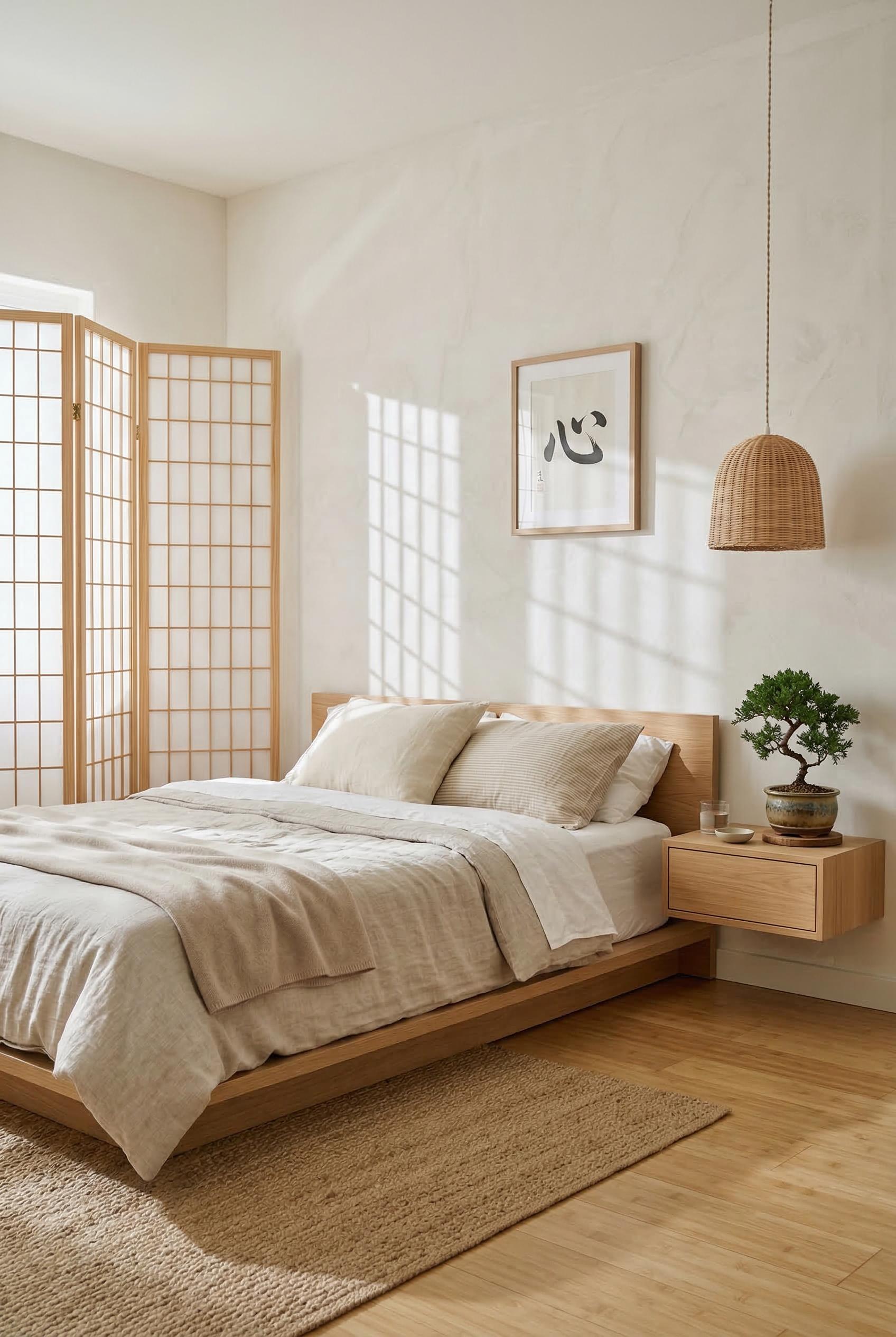 A serene Japandi-style bedroom with a low natural oak platform bed dressed in neutral oatmeal and white linen bedding. A