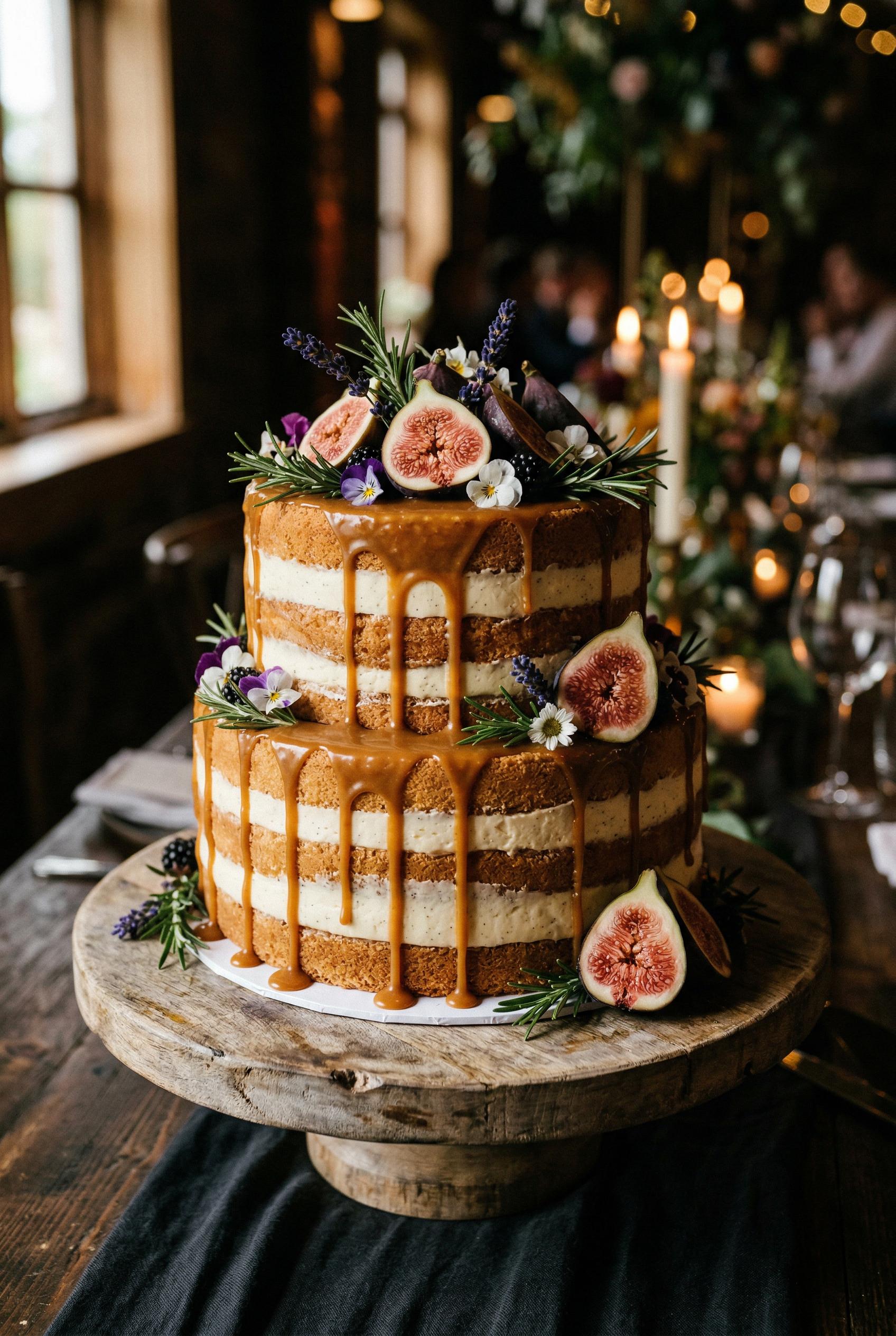 A close-up shot of a rustic naked wedding cake with exposed layers of golden sponge and cream filling, dripping caramel 