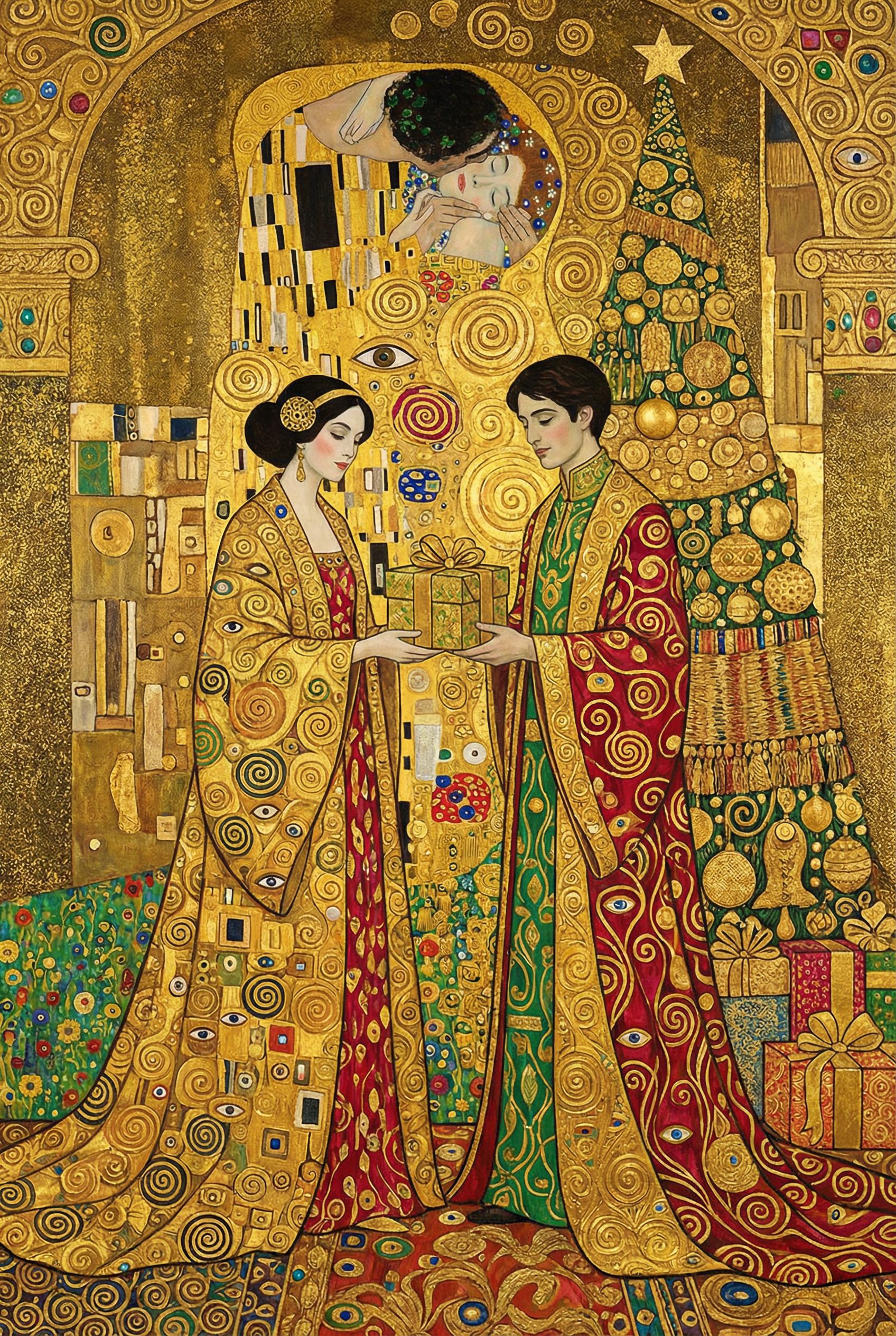 Christmas scene inspired by Gustav Klimt, golden decorative patterns, ornate textures, elegant figures exchanging gifts,