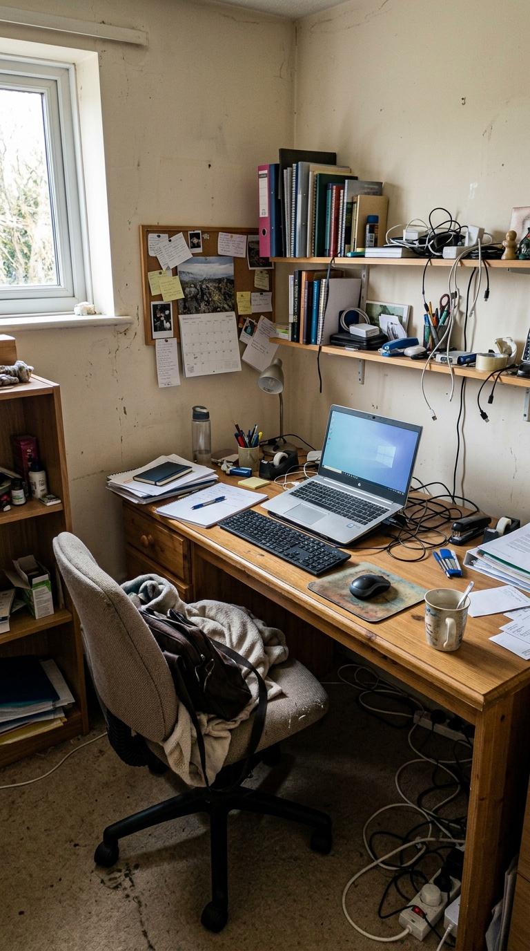 Amateur handheld phone photo of a slightly messy home desk area before redesign, imperfect wide-angle frami...