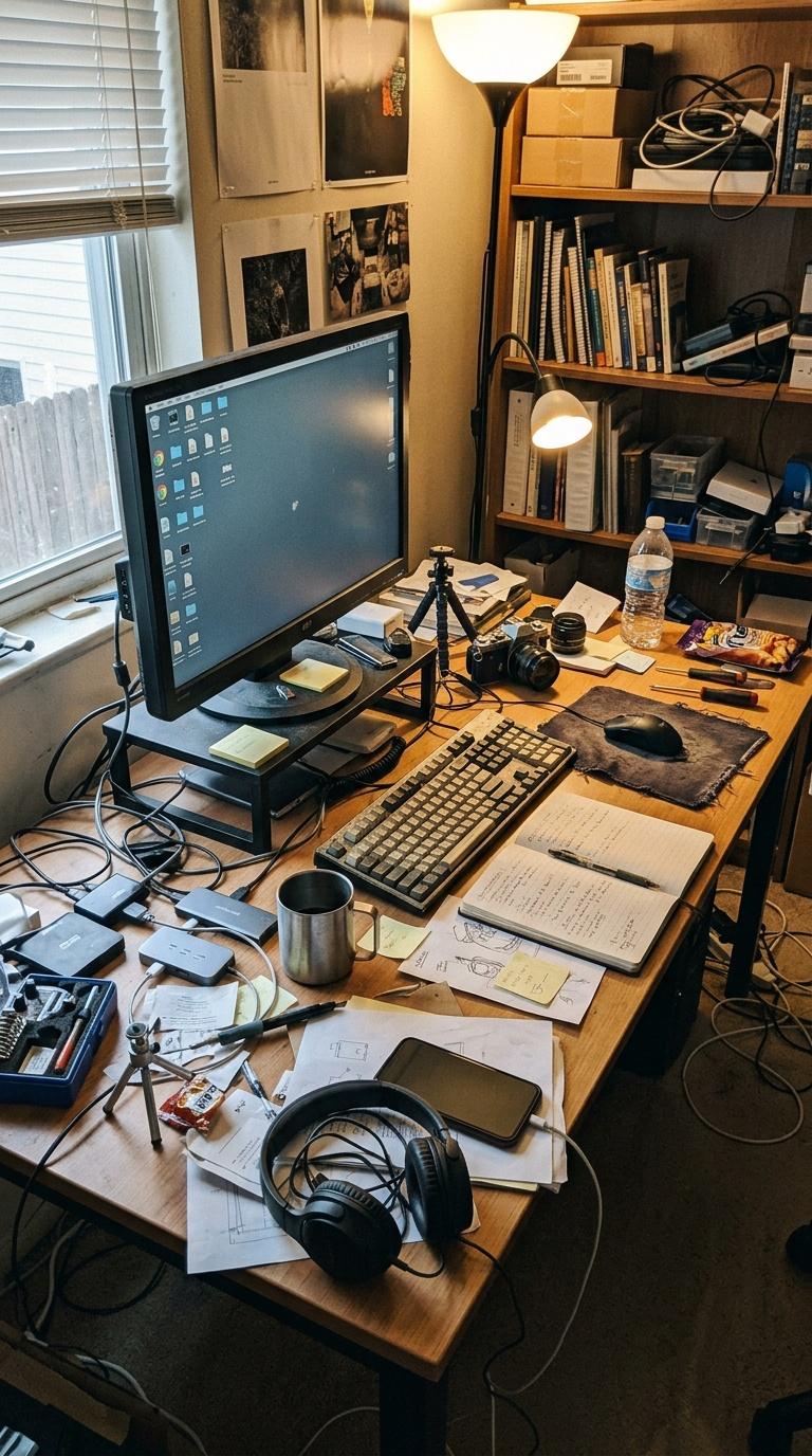 Amateur handheld phone photo of a creator's cluttered desk setup before branding and styling, imperfect pho...