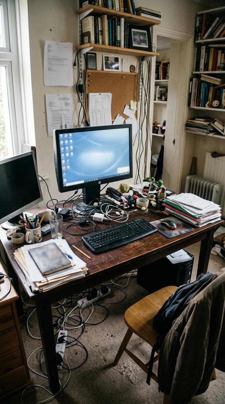 Amateur handheld phone photo of a slightly messy home desk area before redesign, imperfect wide-angl