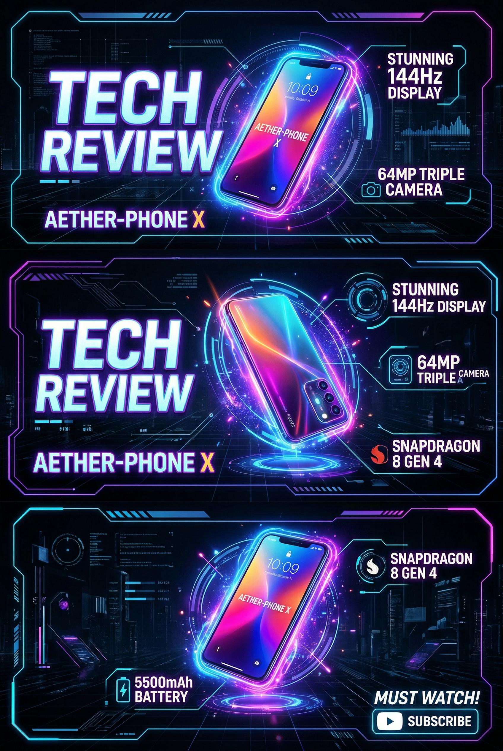 Tech review thumbnail layout with floating smartphone, neon glow effects, sleek dark background, futuristic HUD elements