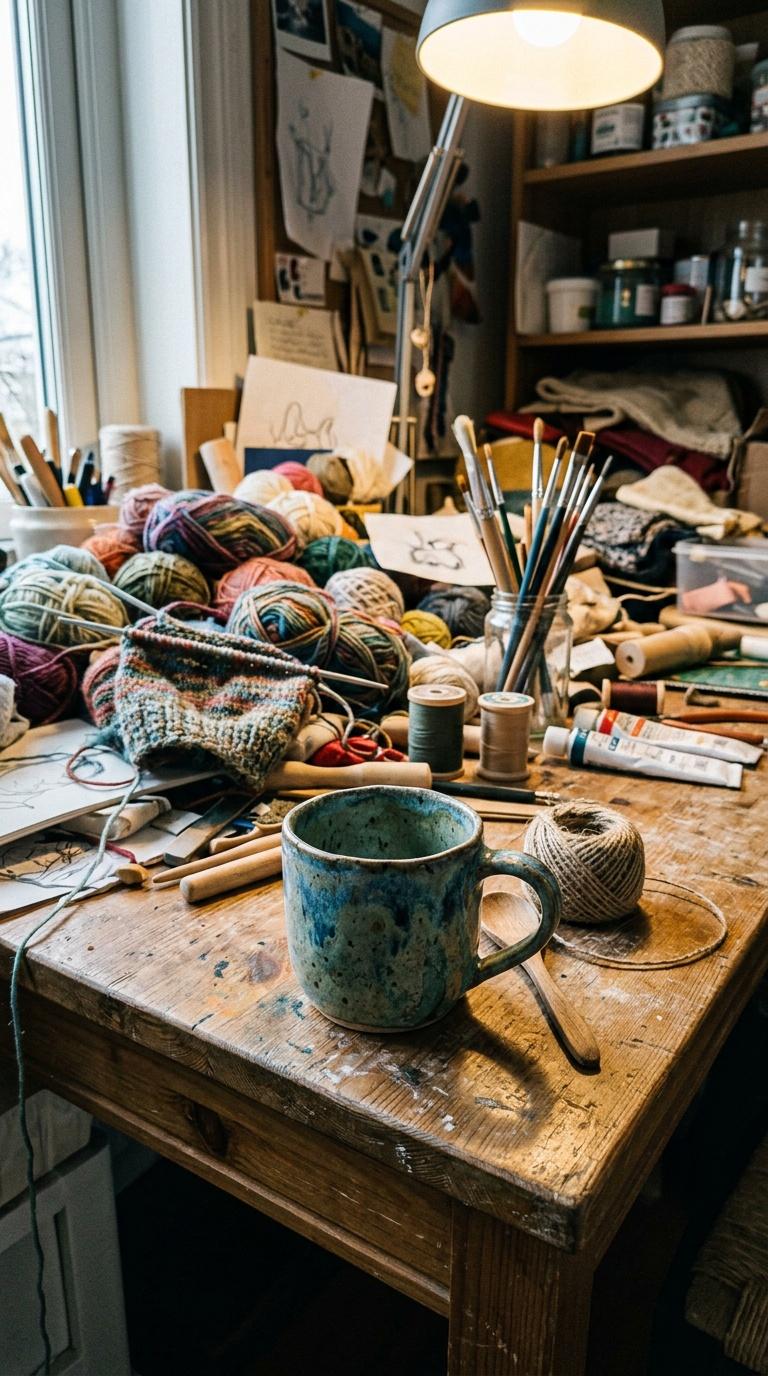 Amateur handheld phone photo of a handmade product in a busy home craft workspace, imperfect framing