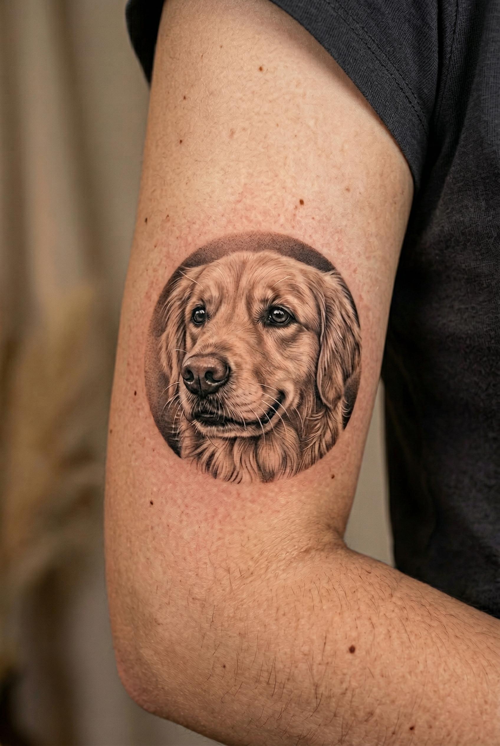 A micro realism pet portrait tattoo on the inner bicep depicting a golden retriever's face in extrao