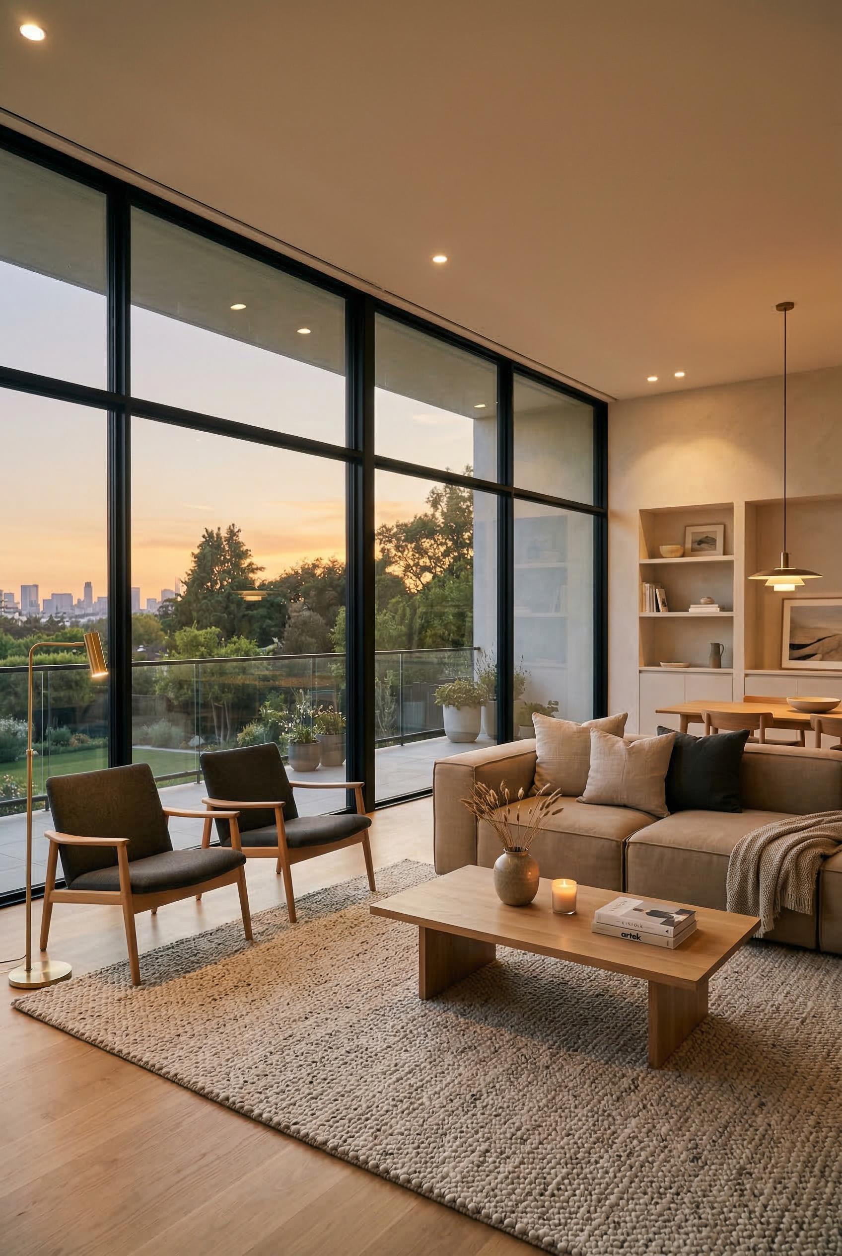 A modern minimalist living room with floor-to-ceiling windows, warm lighting, neutral tones. Render in Photorealistic style.