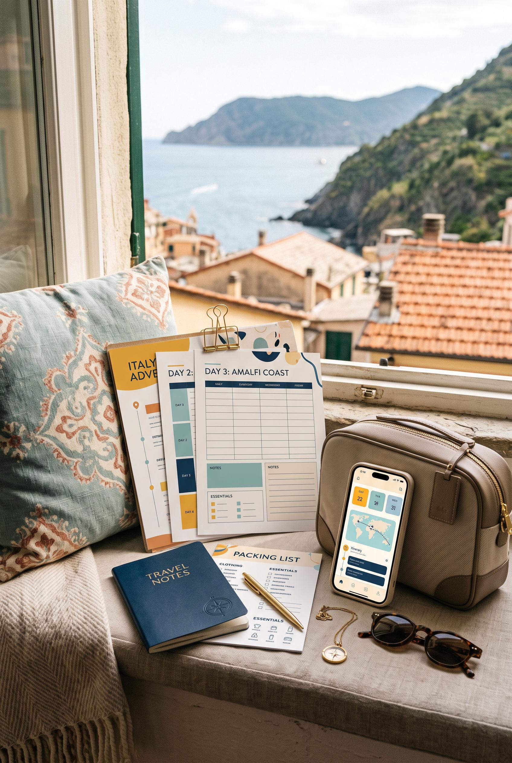 Create a commercial-quality vertical 2:3 Pinterest composition showcasing an editable travel planner
