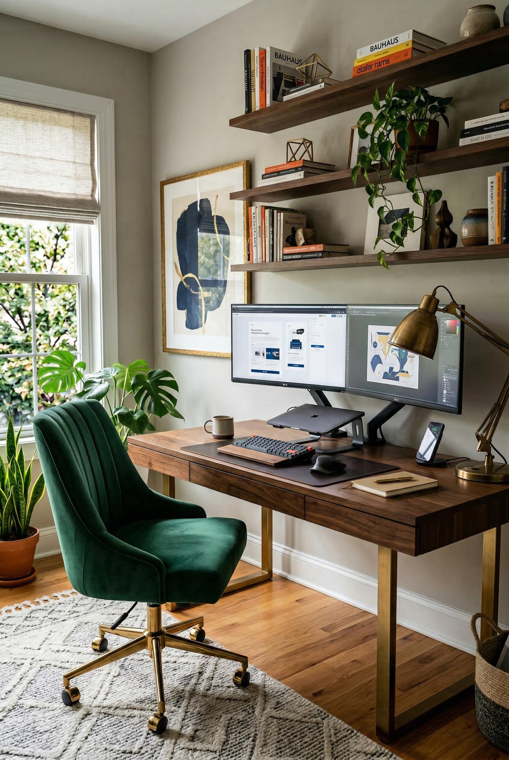 A stylish home office with dual ultrawide monitors on a deep walnut desk with brass legs, a plush emerald green velvet o
