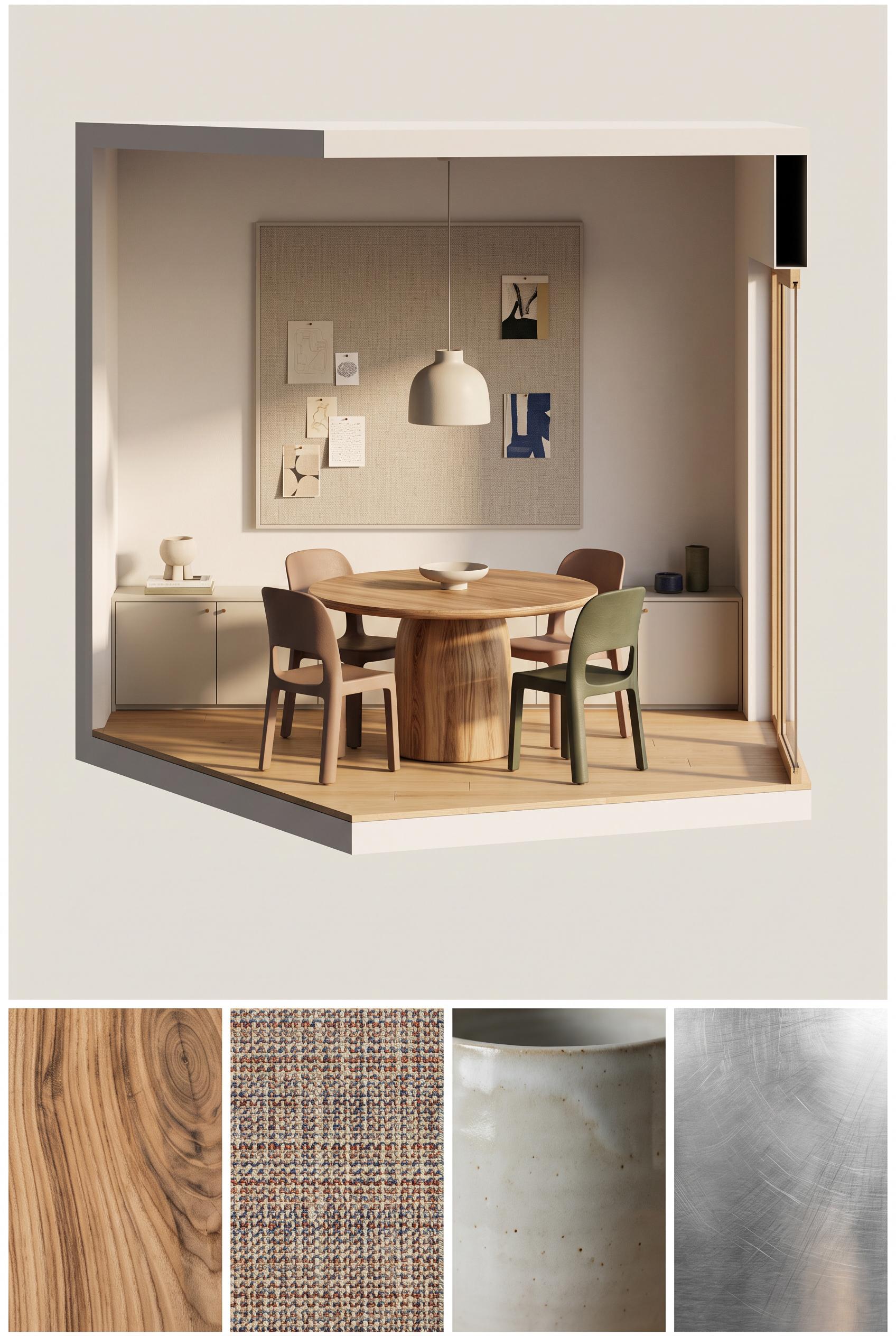 Create a commercial-quality interior design showcase in a vertical 2:3 Pinterest composition. Use an
