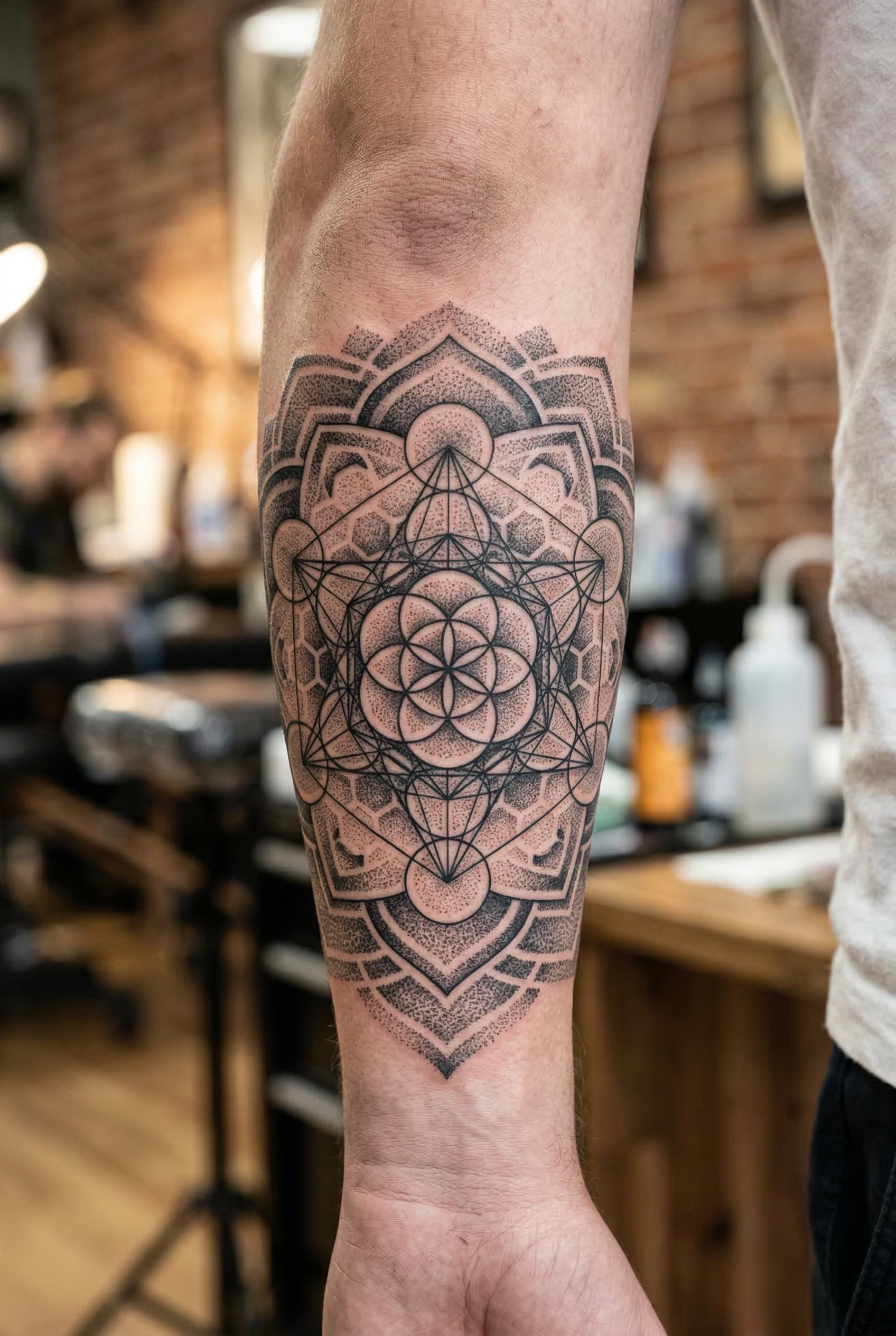 A sacred geometry mandala tattoo on the forearm featuring intricate hexagonal patterns radiating outward from a central