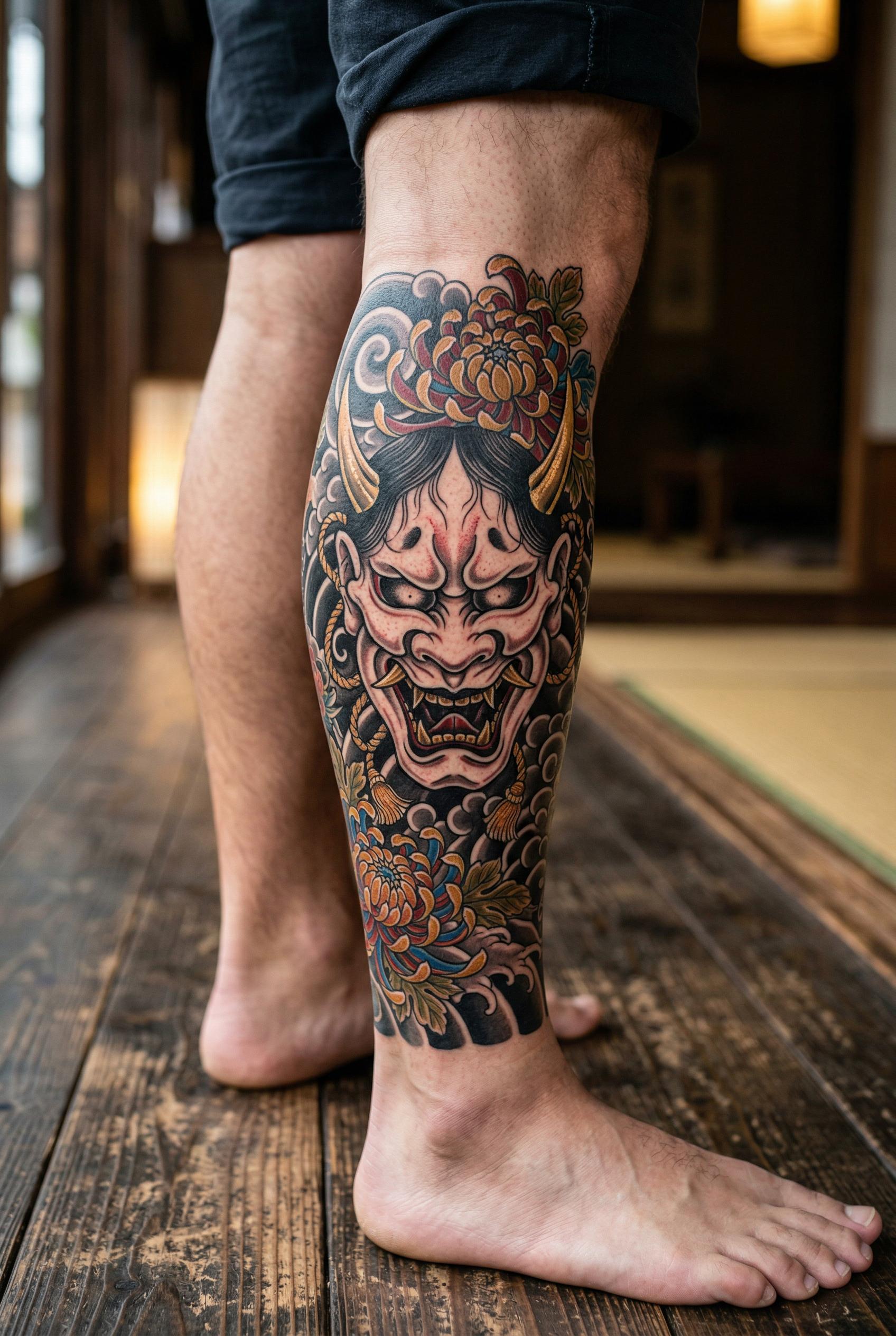 A traditional Japanese hannya mask tattoo on the calf paired with chrysanthemum flowers, the mask rendered with fierce e